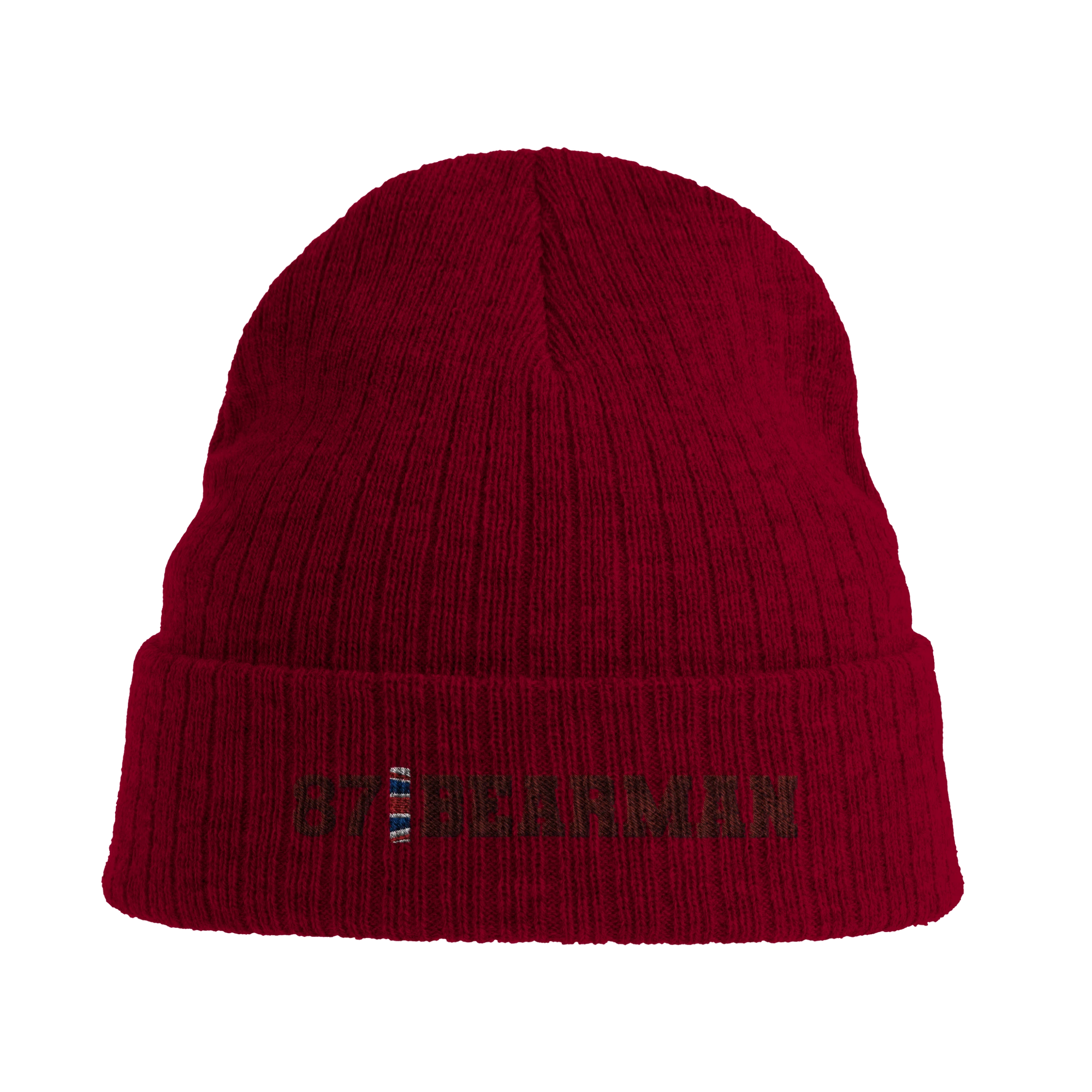 f111 merch burgandy color beanie with bearman branding.