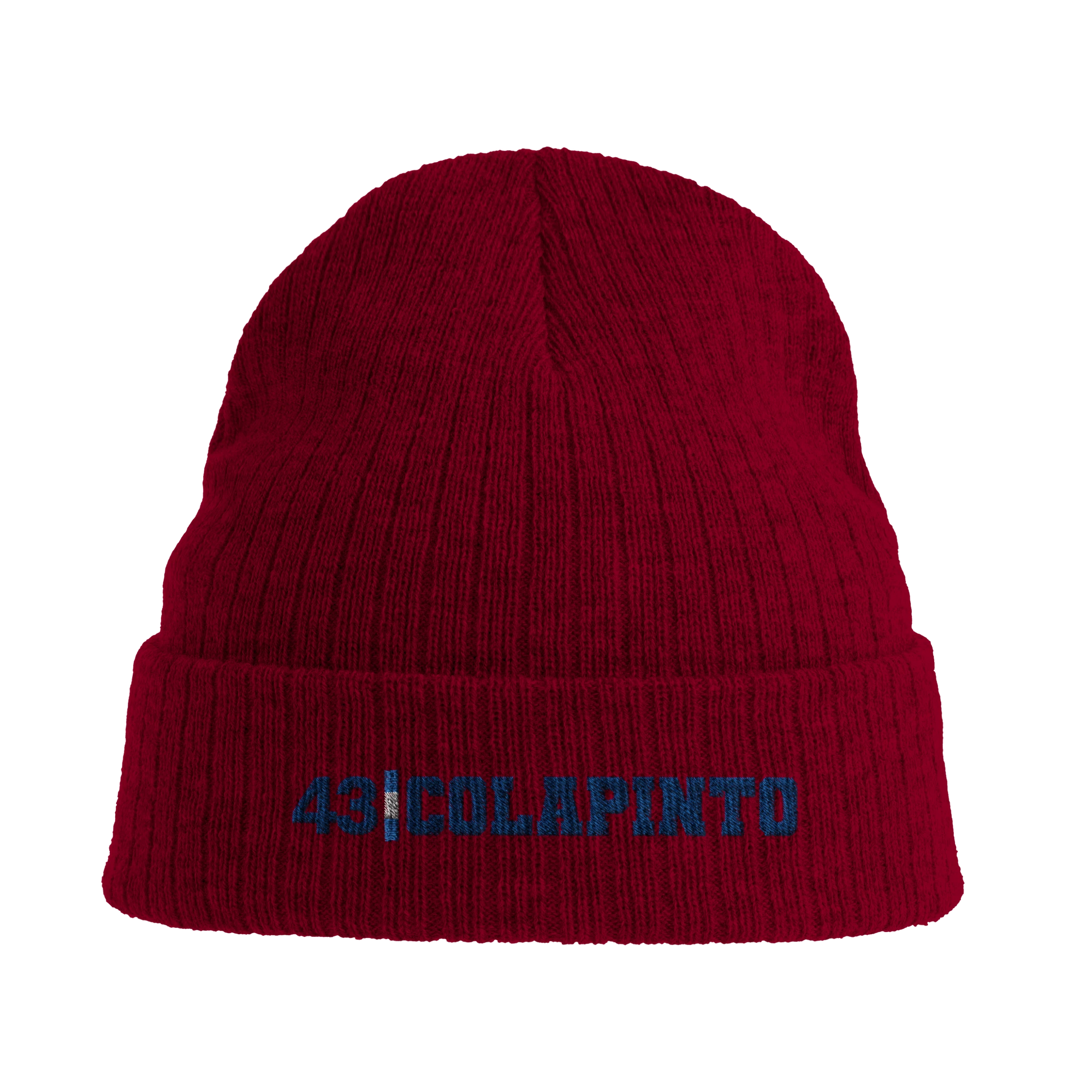 f111 merch burgandy color beanie with colapinto branding.