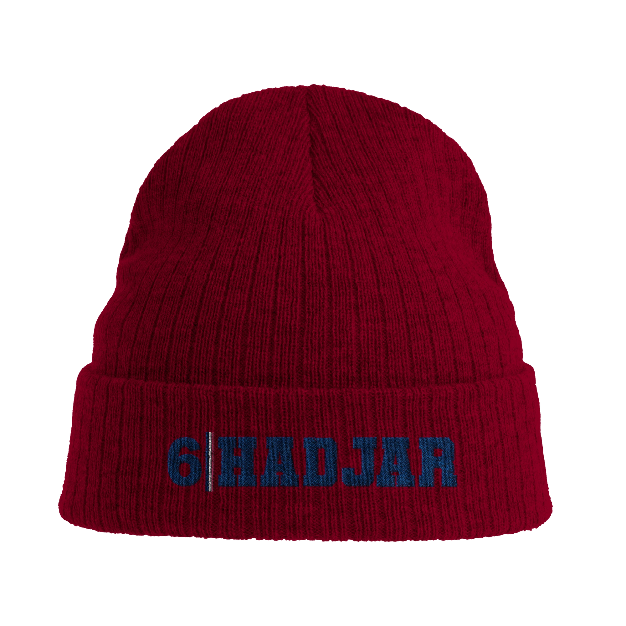 f111 merch burgandy color beanie with hadjar branding.