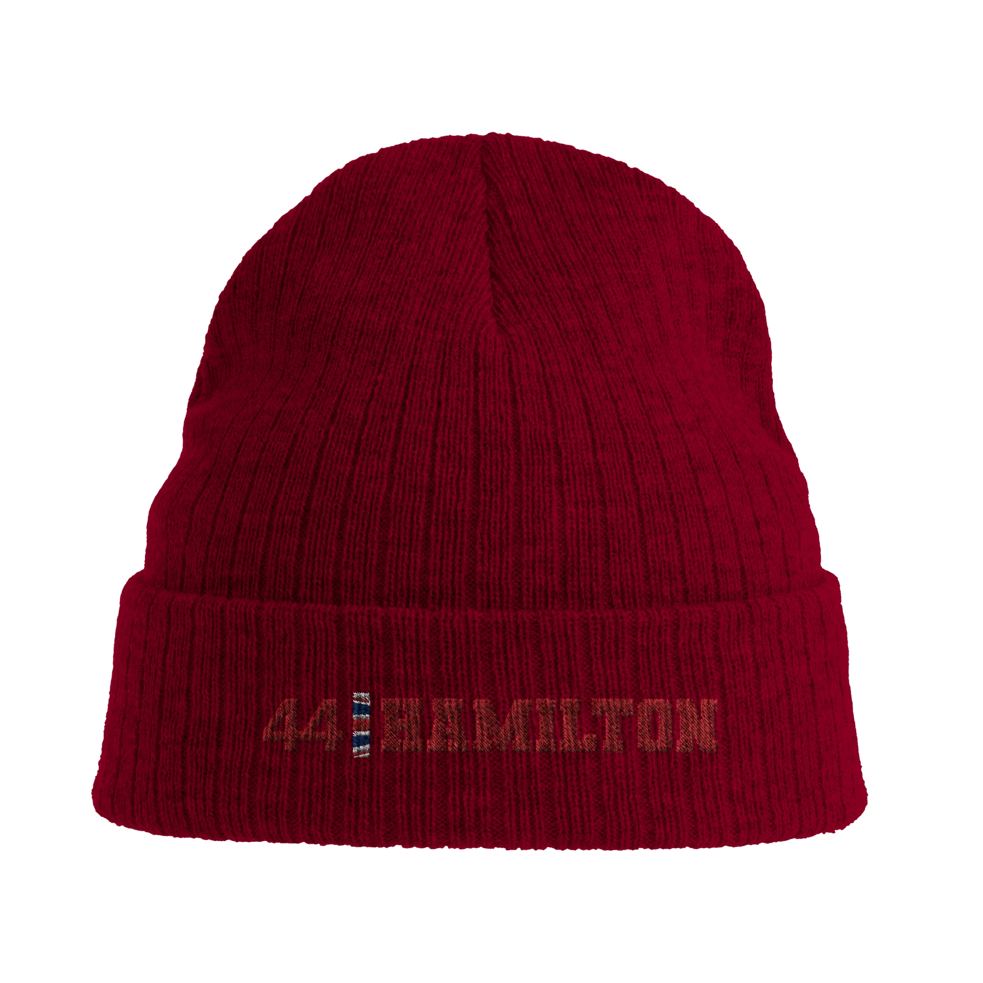 f111 merch burgandy color beanie with hamilton branding.