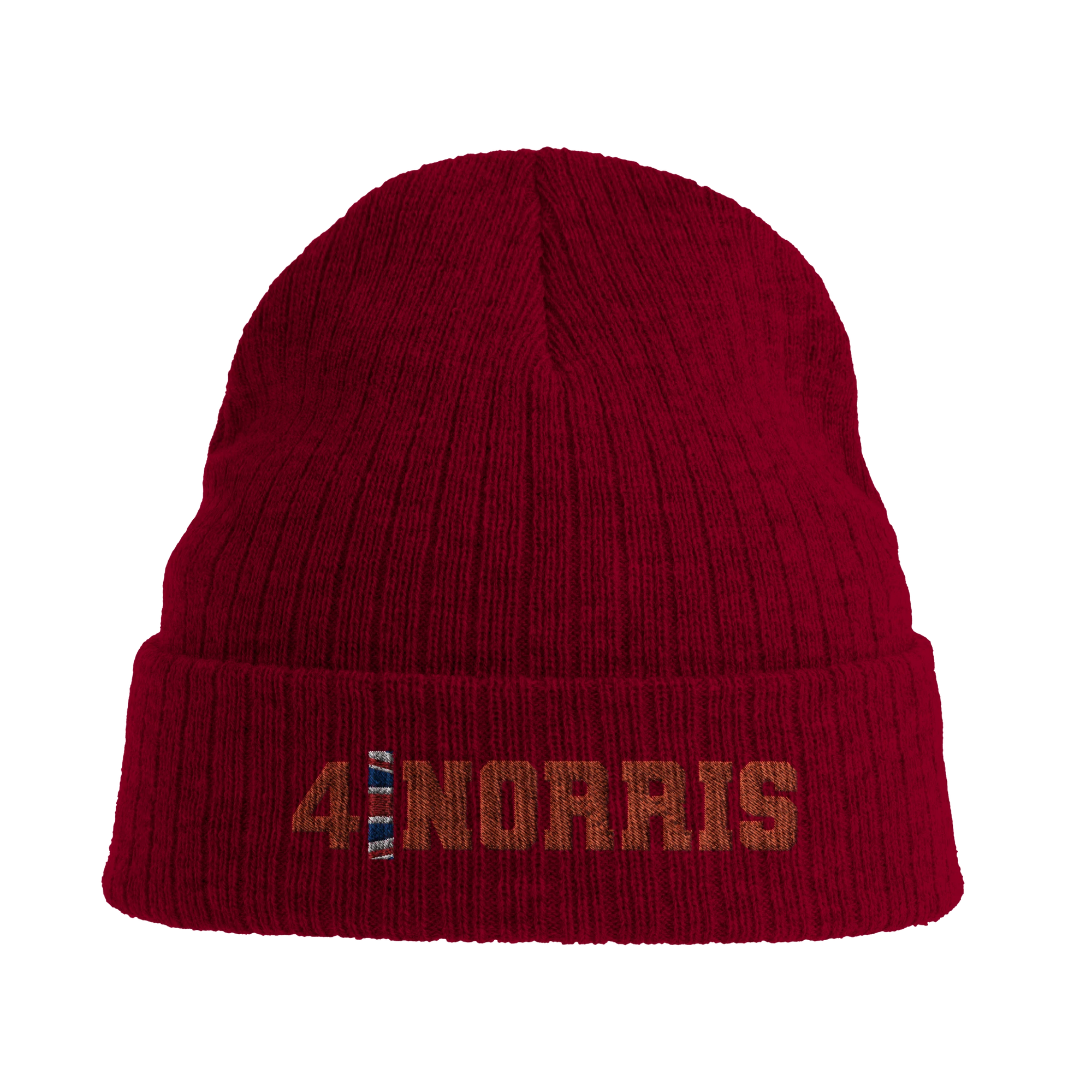 f111 merch burgandy color beanie with norris branding.