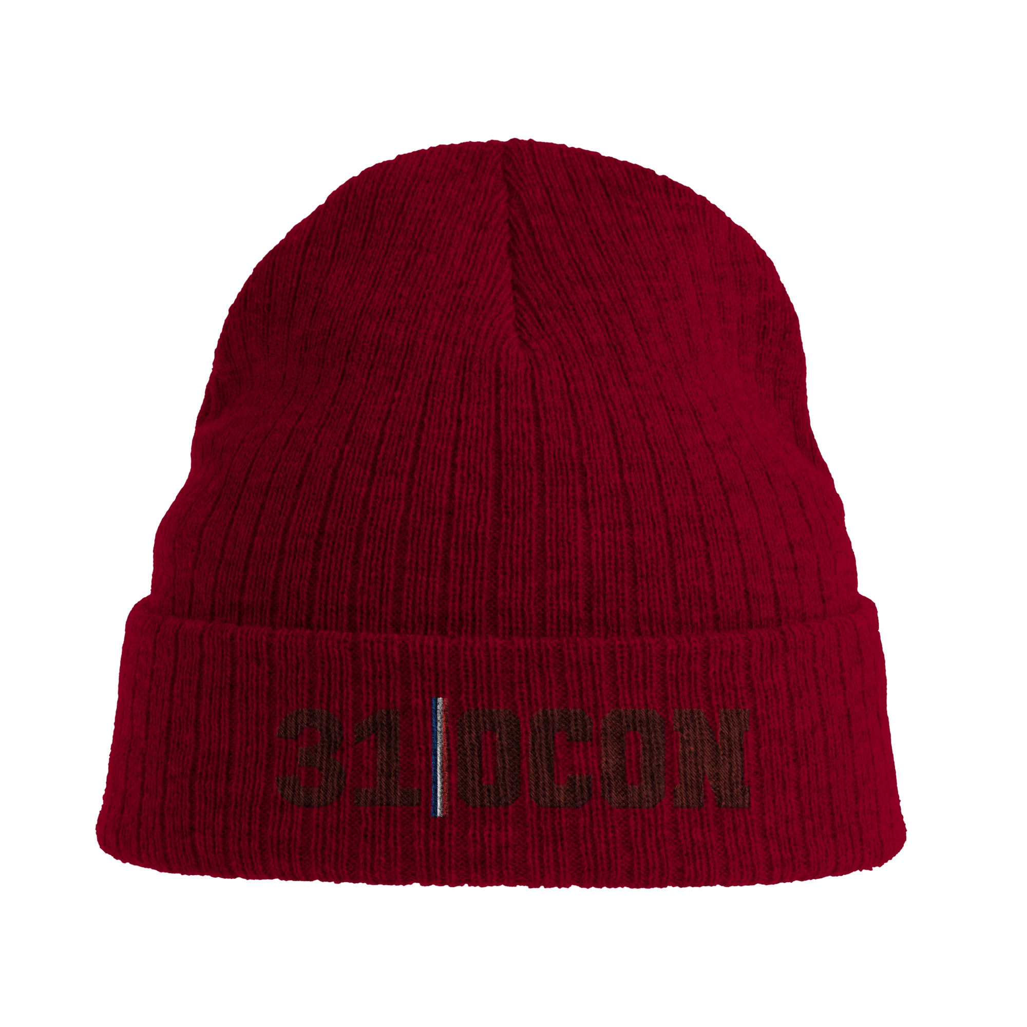 f111 merch burgandy color beanie with ocon branding.