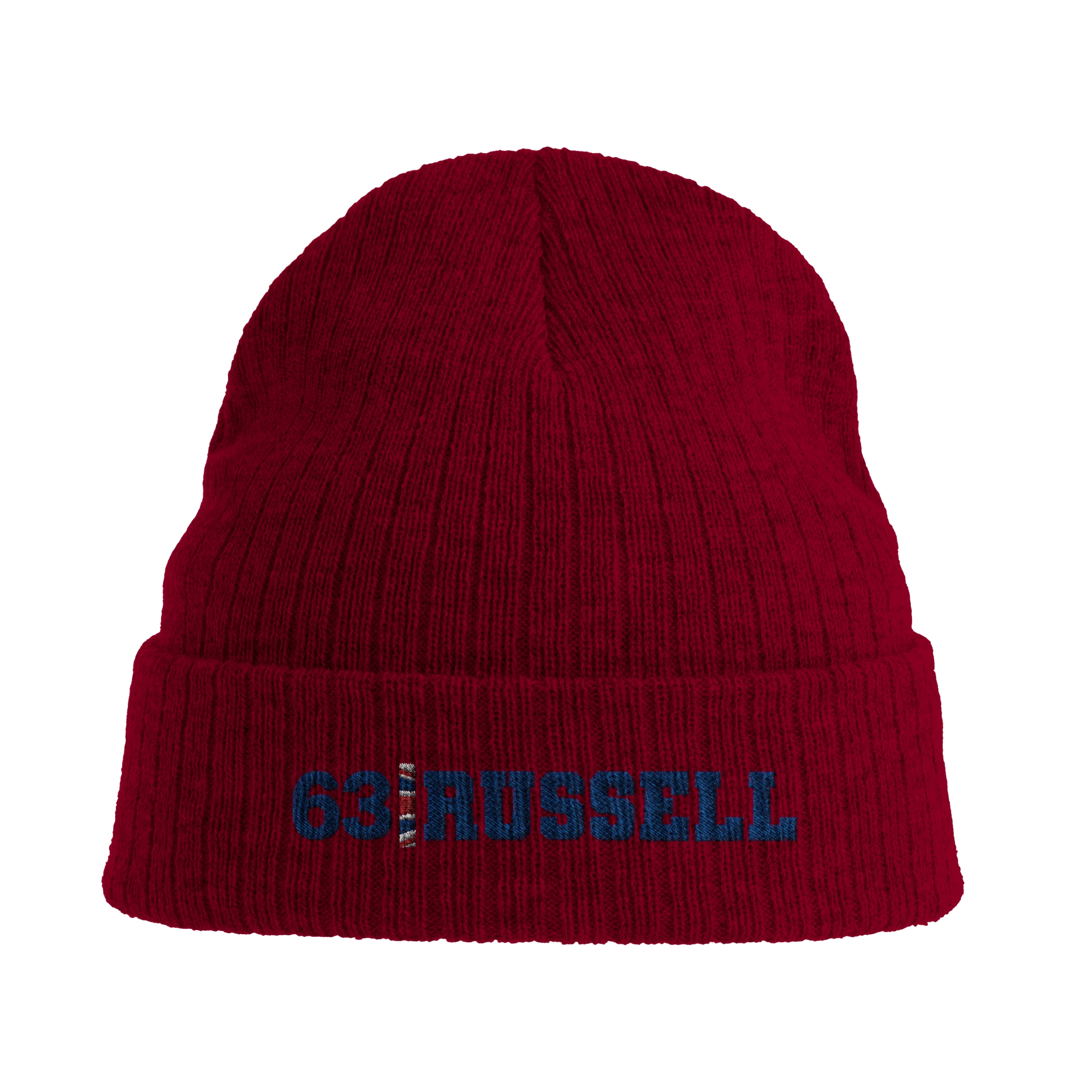 f111 merch burgandy color beanie with russell branding.