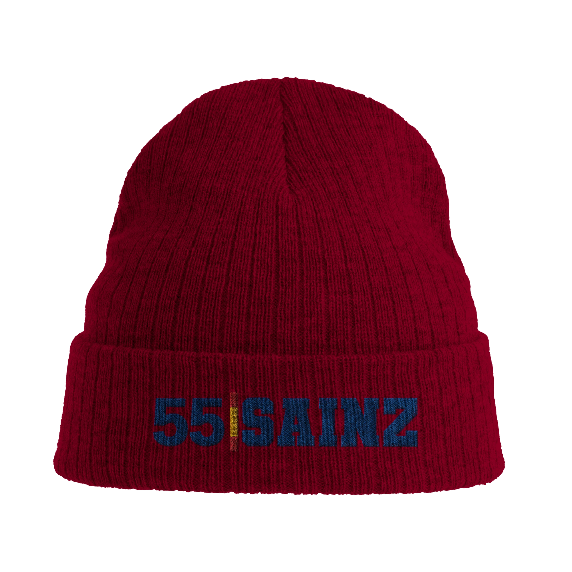f111 merch burgandy color beanie with sainz branding.