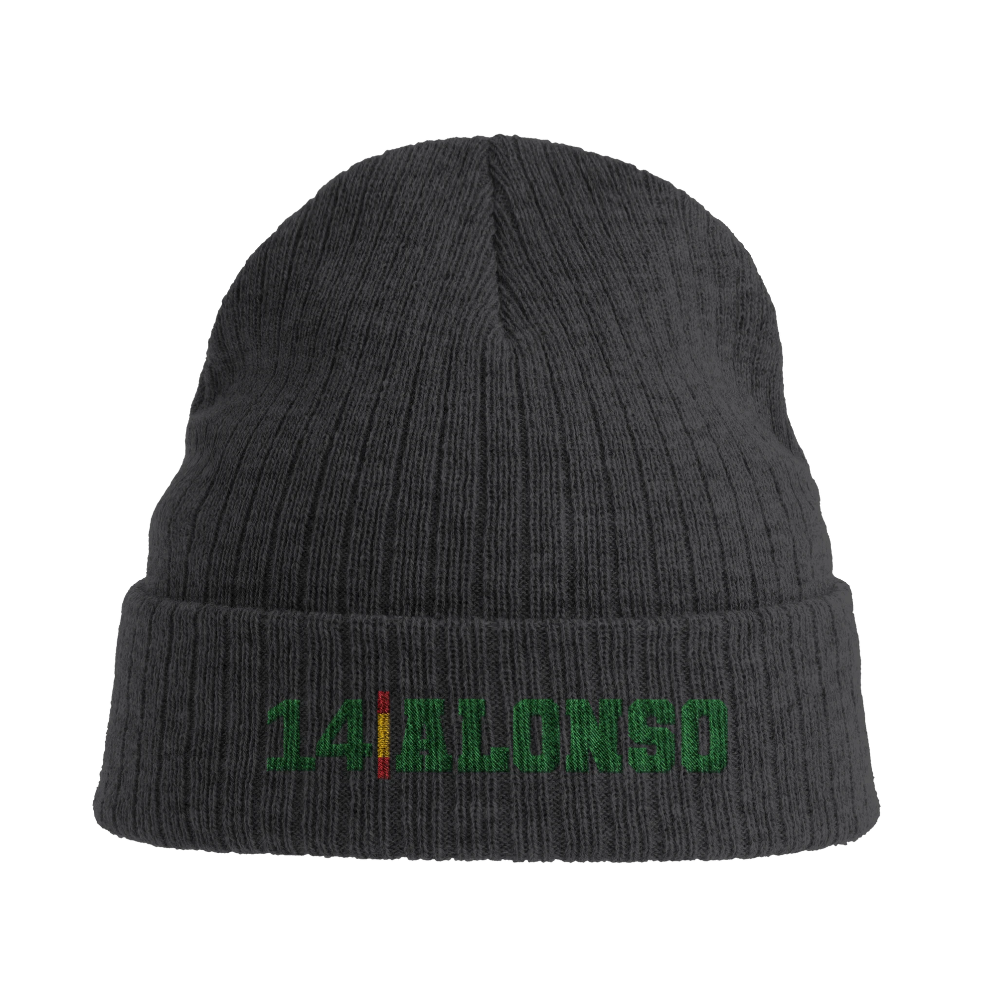 f111 merch dark-grey color beanie with alonso branding.