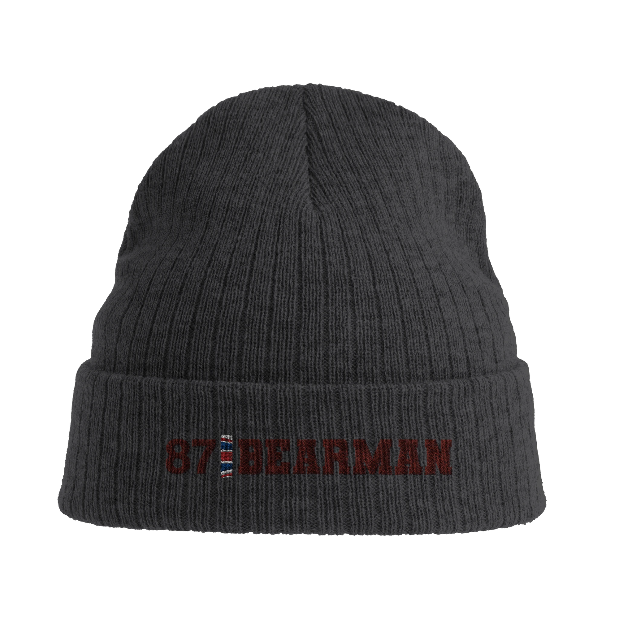 f111 merch dark-grey color beanie with bearman branding.