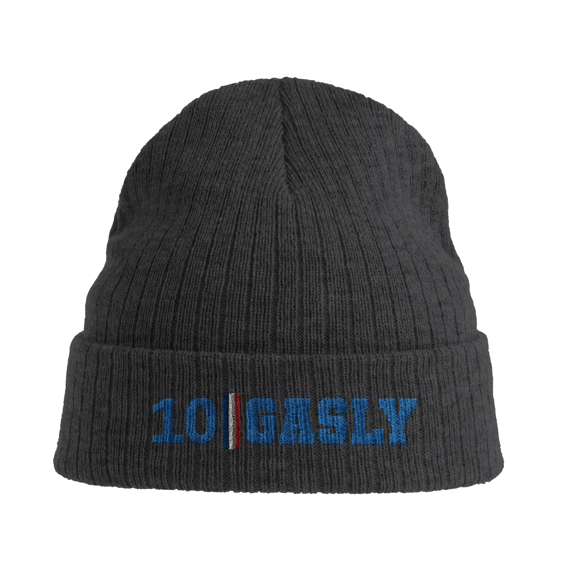 f111 merch dark-grey color beanie with gasly branding.