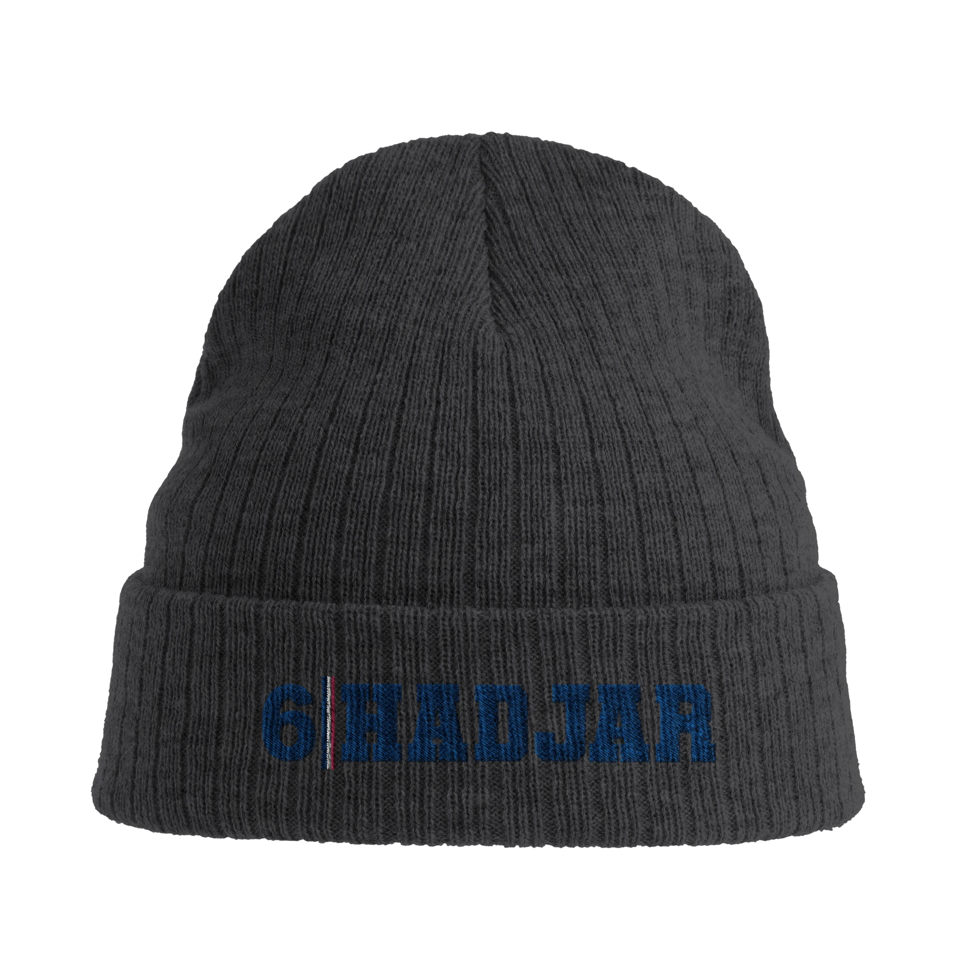 f111 merch dark-grey color beanie with hadjar branding.