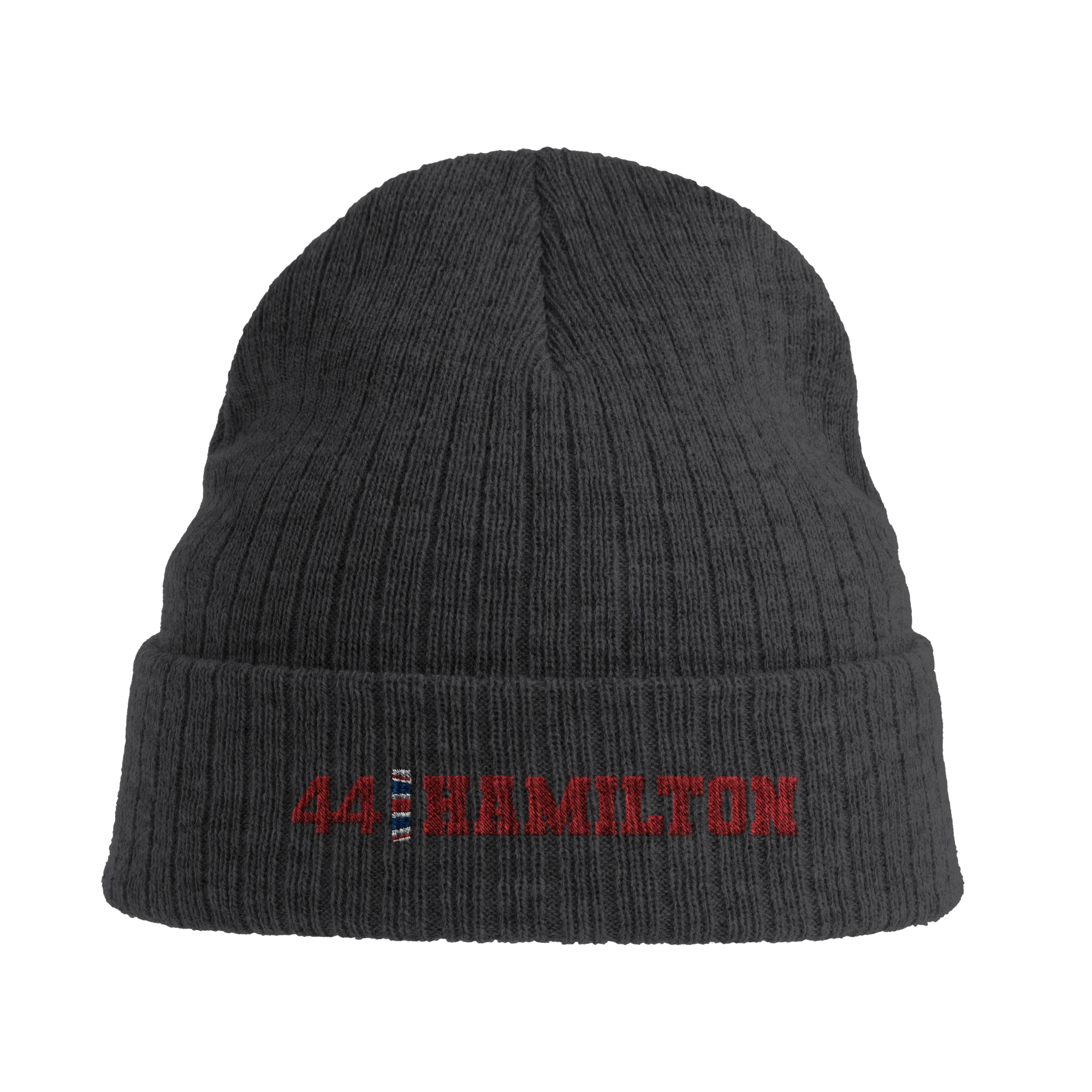 f111 merch dark-grey color beanie with hamilton branding.