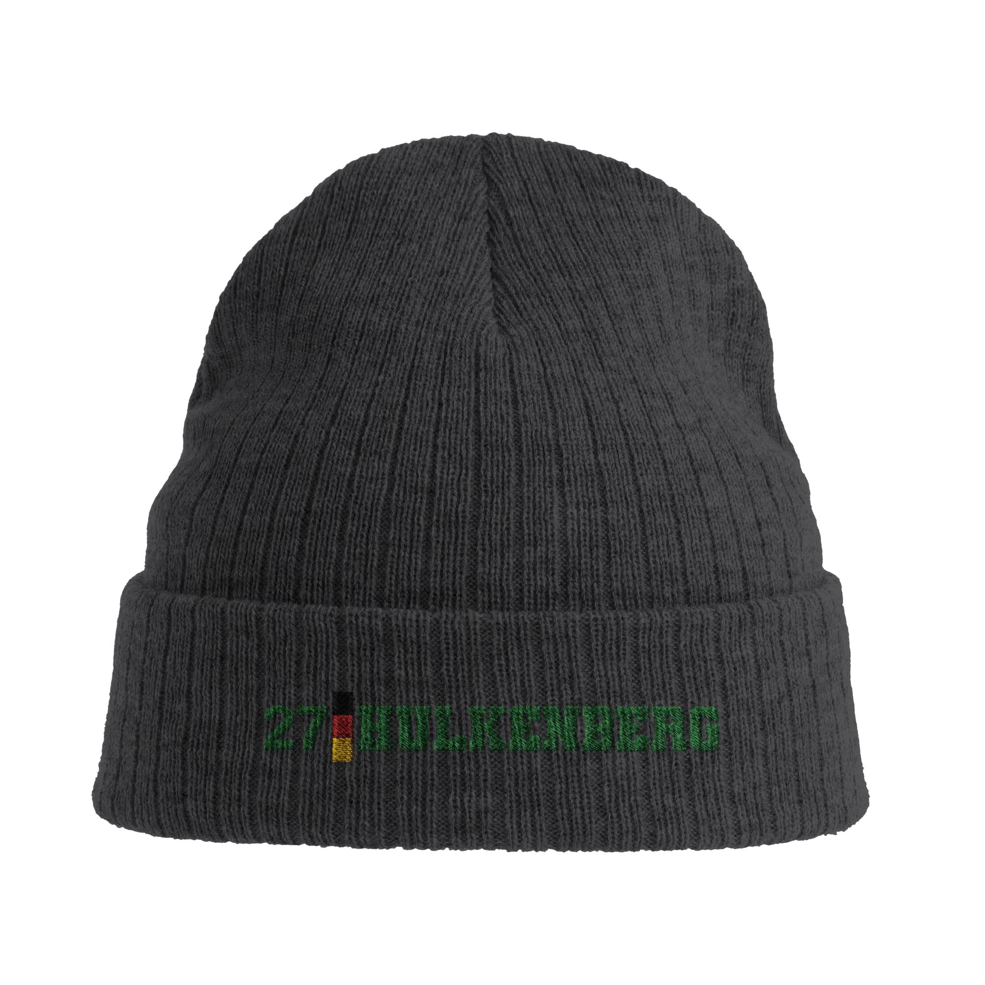 f111 merch dark-grey color beanie with hulkenberg branding.
