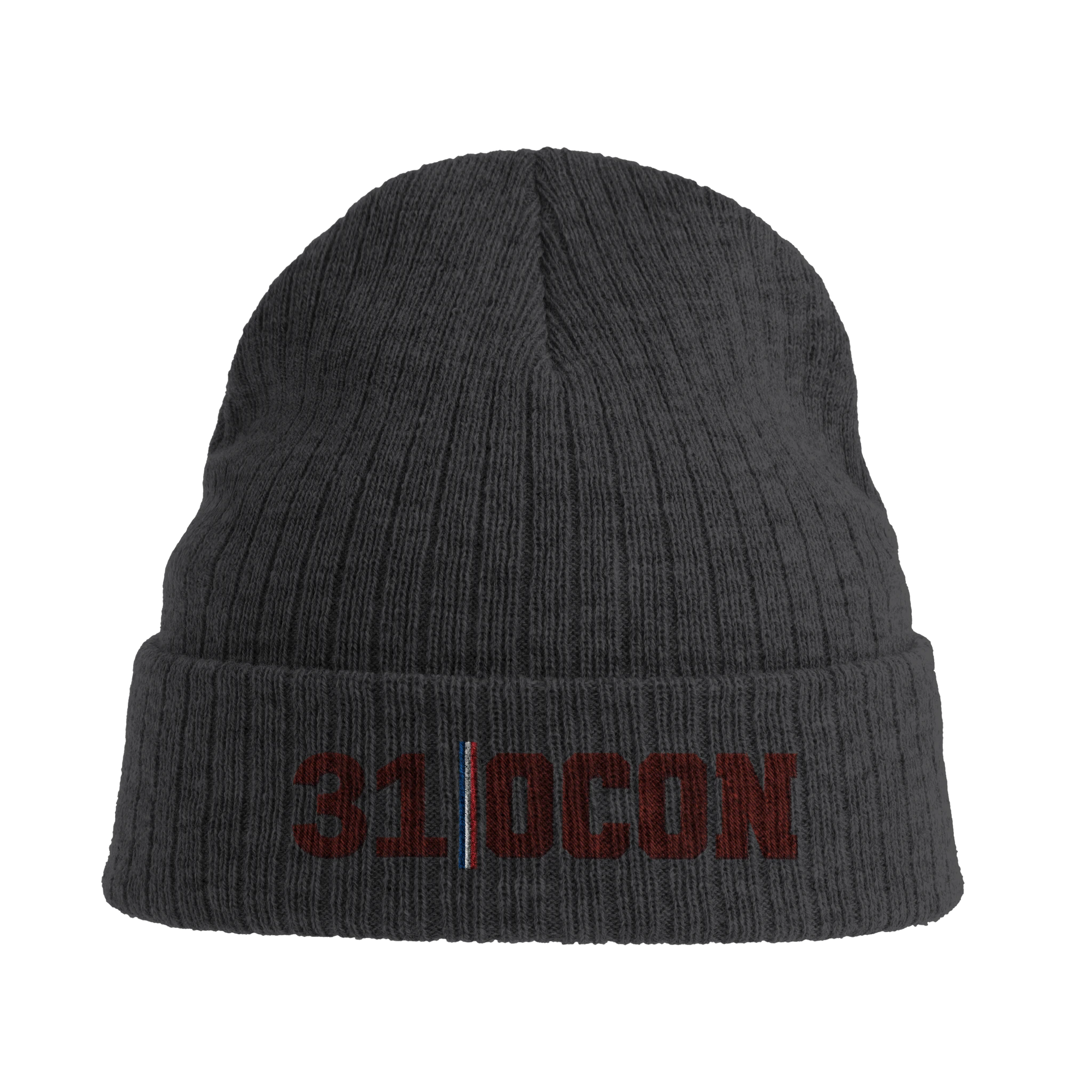 f111 merch dark-grey color beanie with ocon branding.
