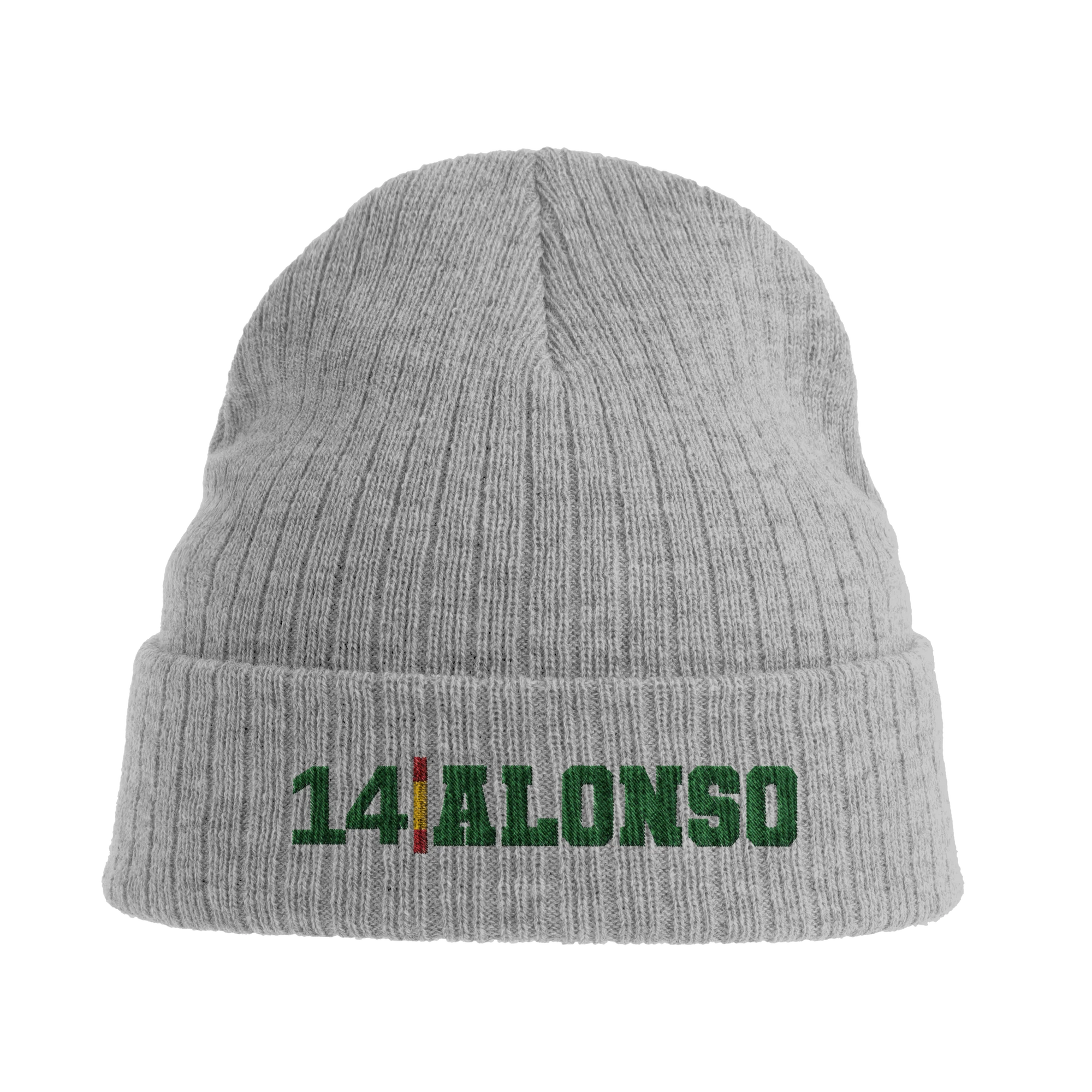 f111 merch light-grey-melange color beanie with alonso branding.