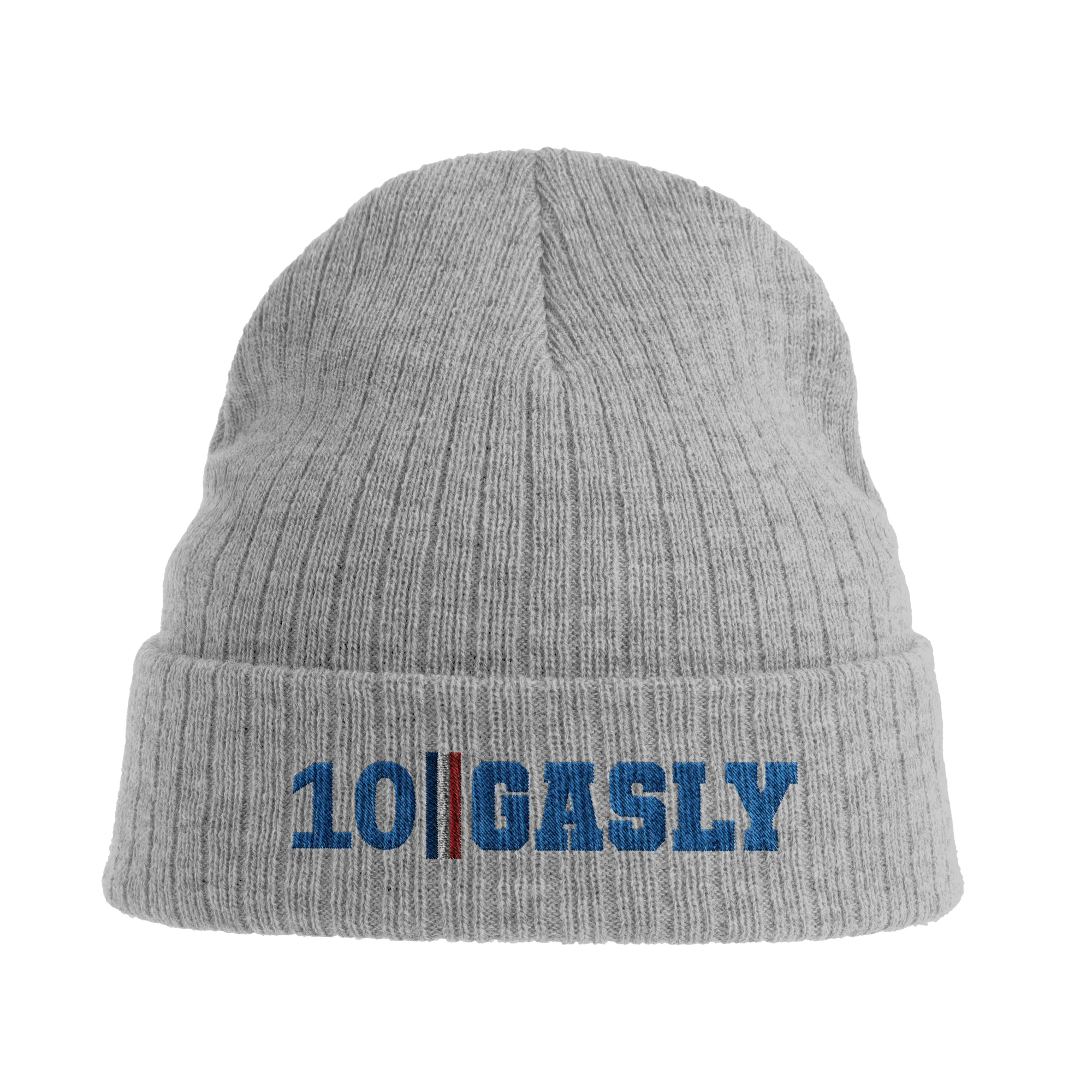 f111 merch light-grey-melange color beanie with gasly branding.
