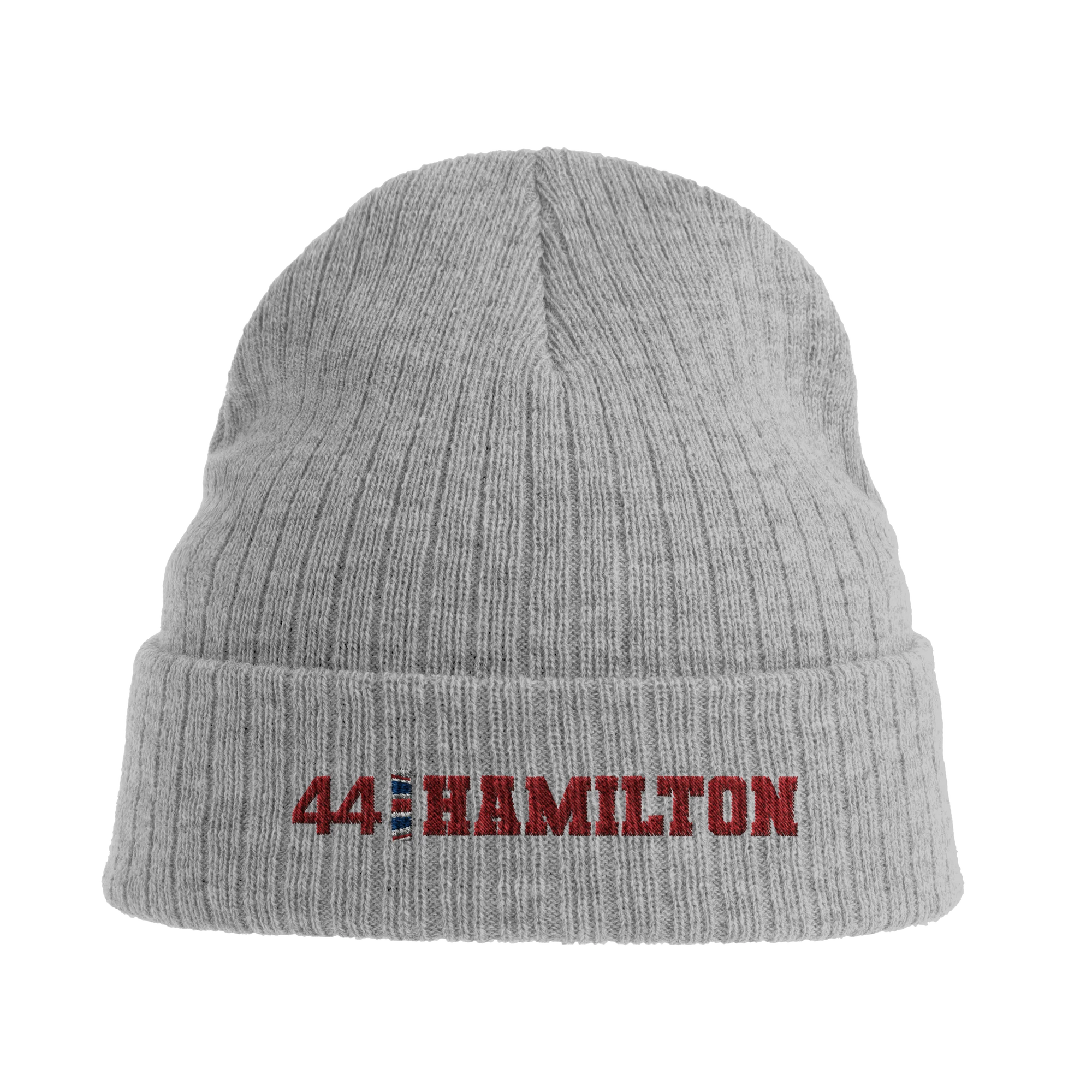 f111 merch light-grey-melange color beanie with hamilton branding.