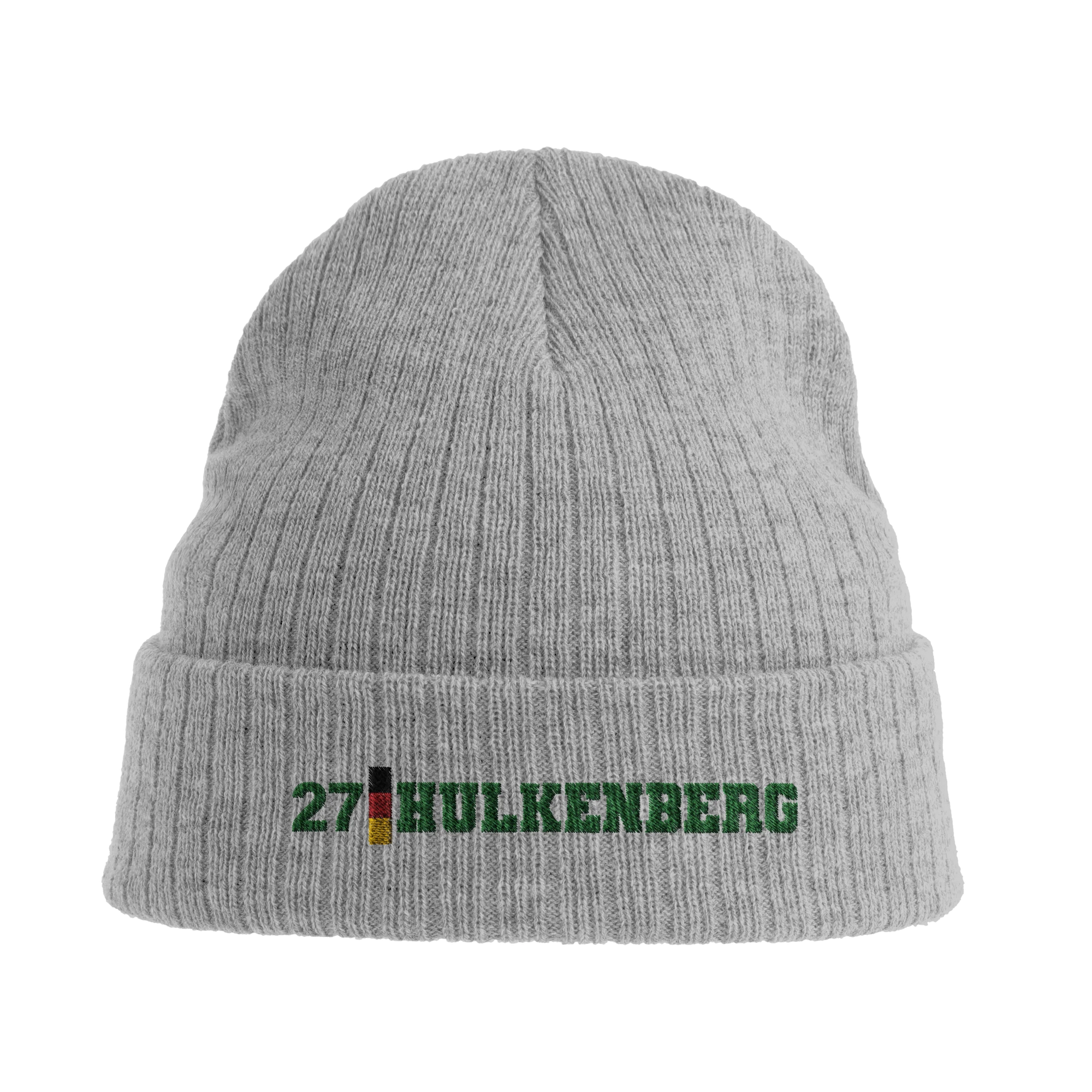 f111 merch light-grey-melange color beanie with hulkenberg branding.