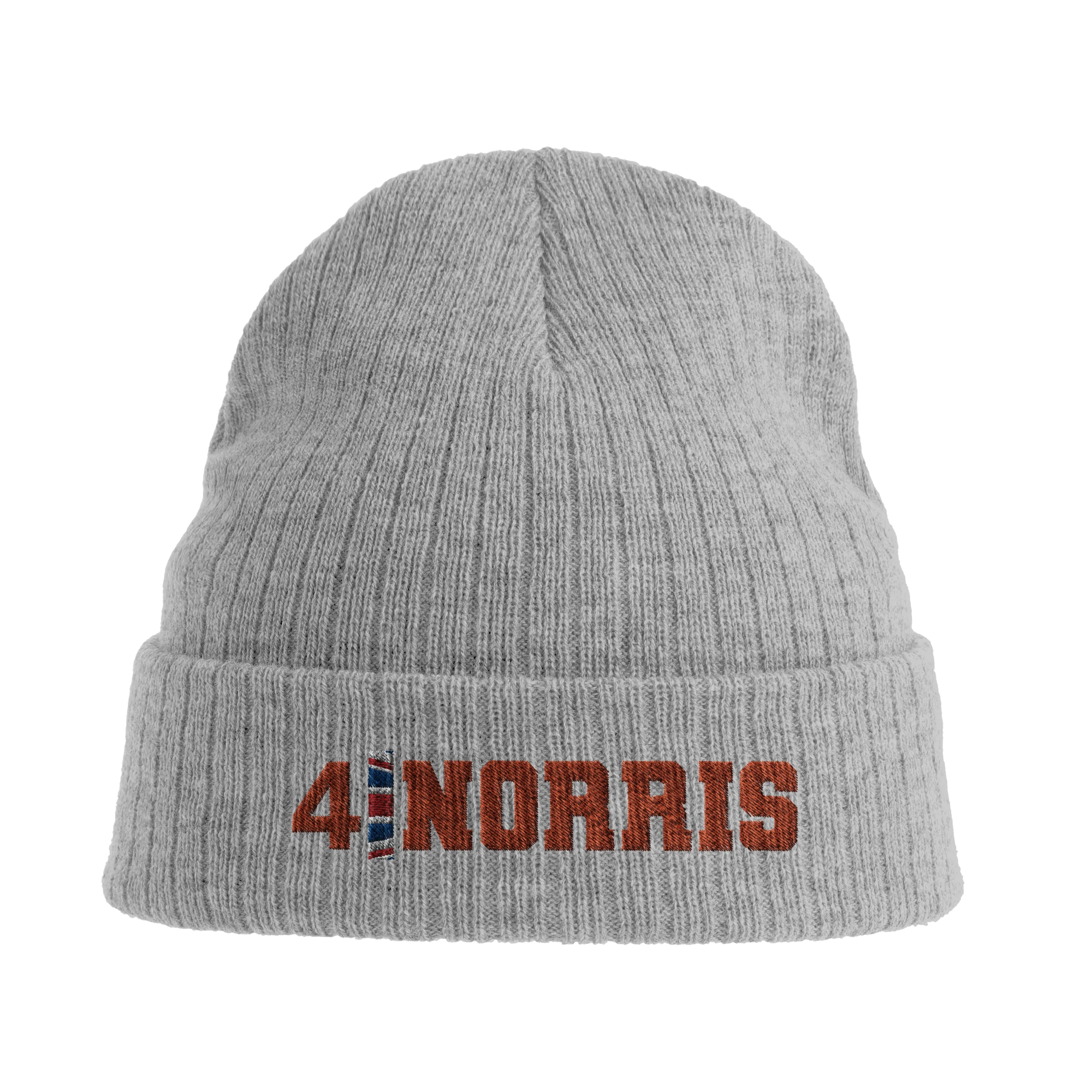 f111 merch light-grey-melange color beanie with norris branding.