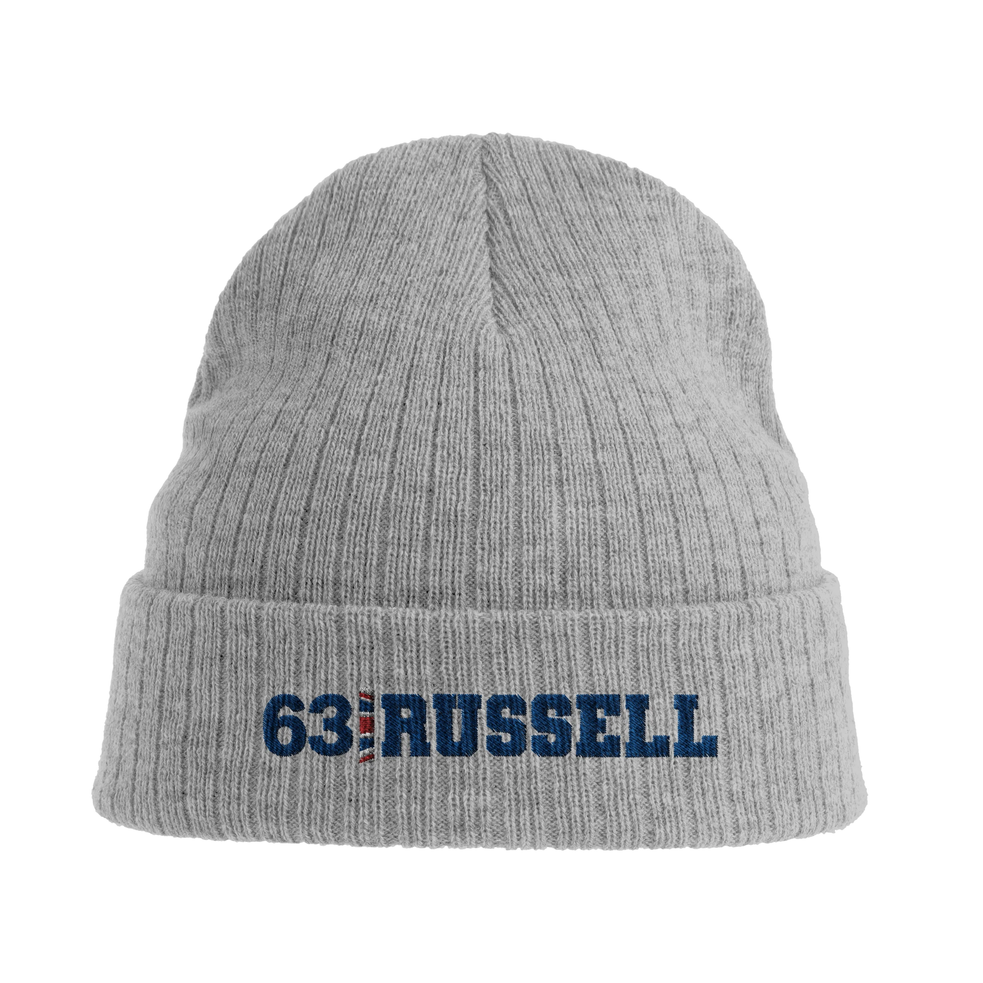 f111 merch light-grey-melange color beanie with russell branding.