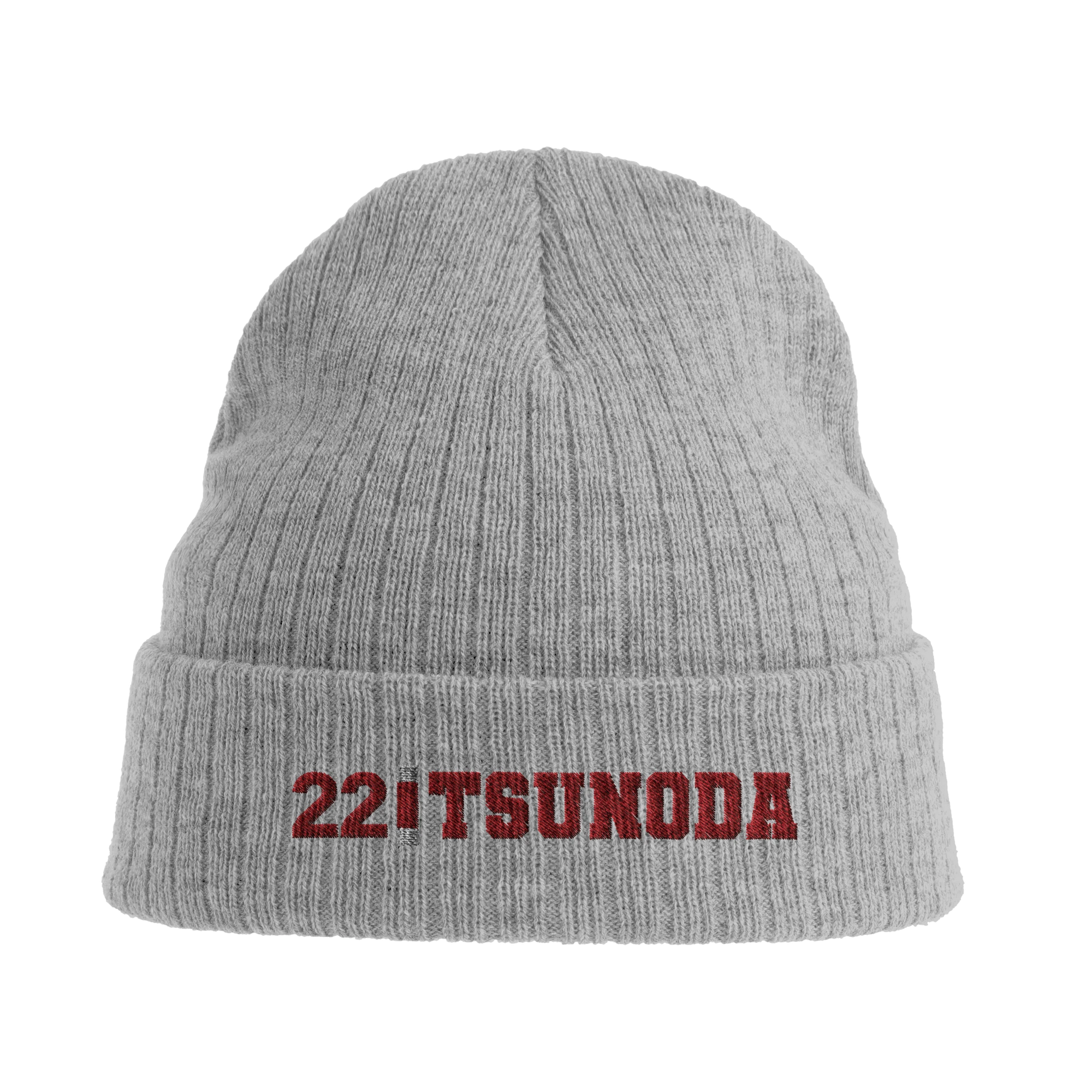 f111 merch light-grey-melange color beanie with tsunoda branding.