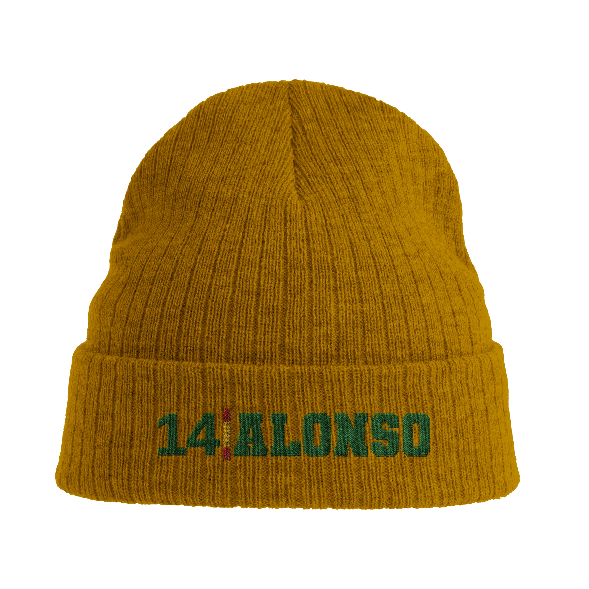 f111 merch mustard-yellow color beanie with alonso branding.