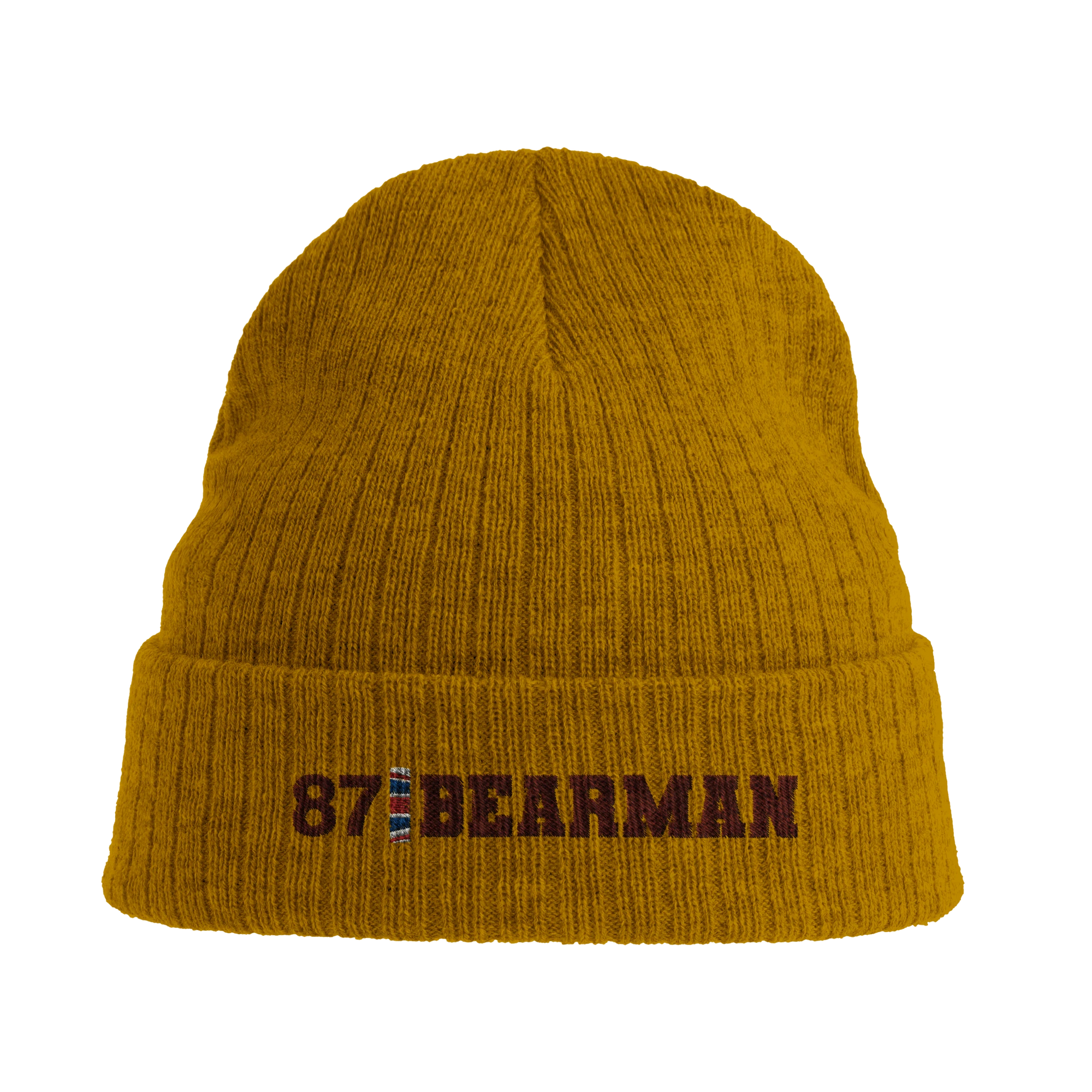 f111 merch mustard-yellow color beanie with bearman branding.