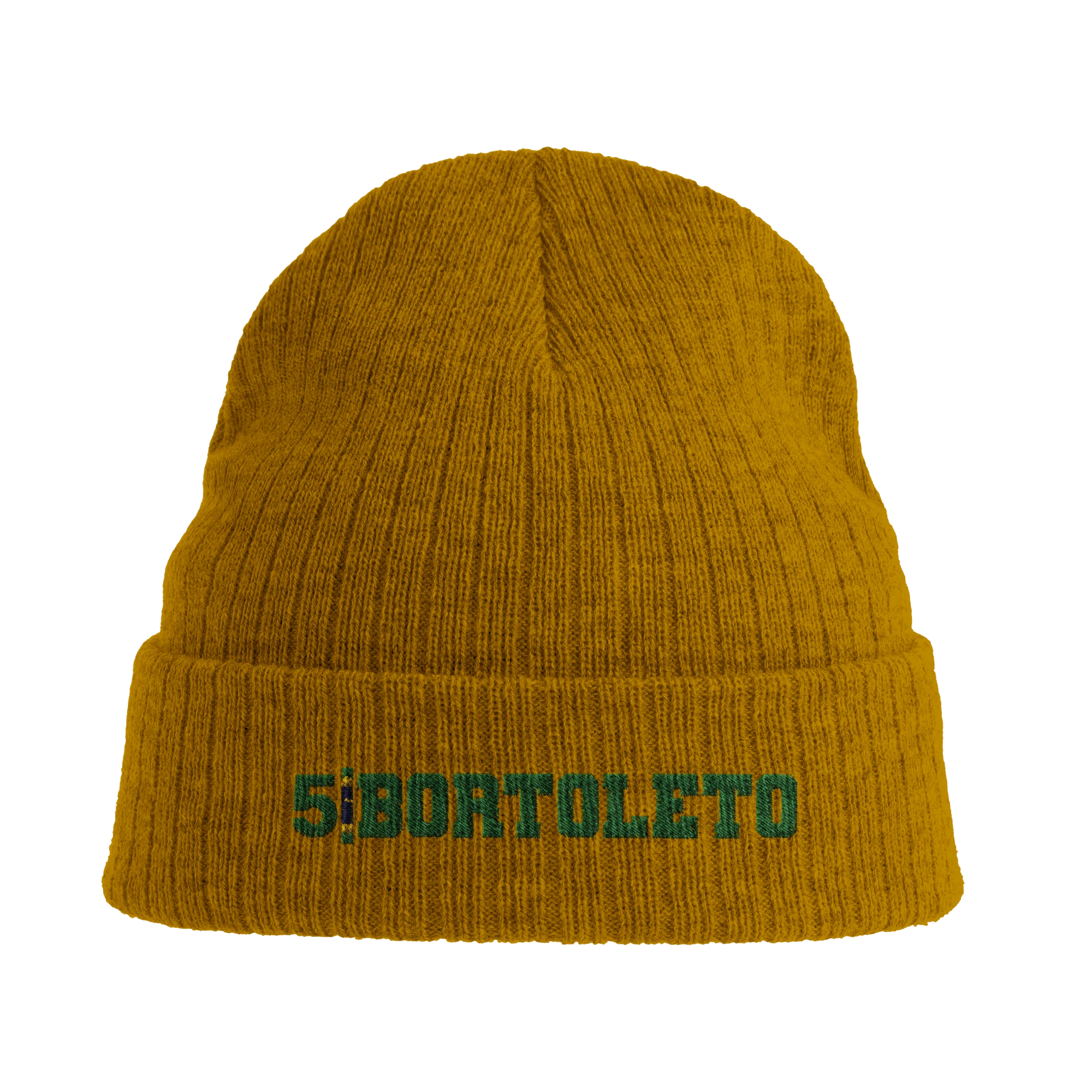f111 merch mustard-yellow color beanie with bortoleto branding.