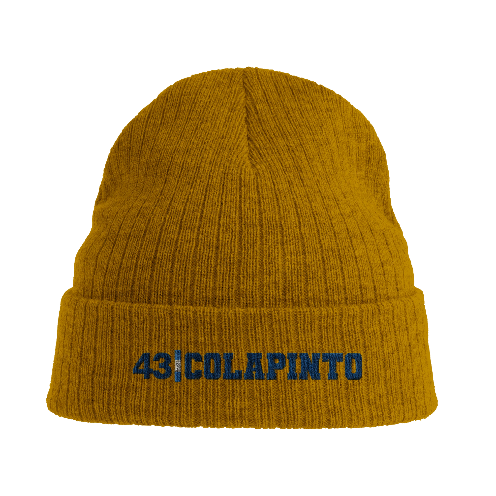 f111 merch mustard-yellow color beanie with colapinto branding.