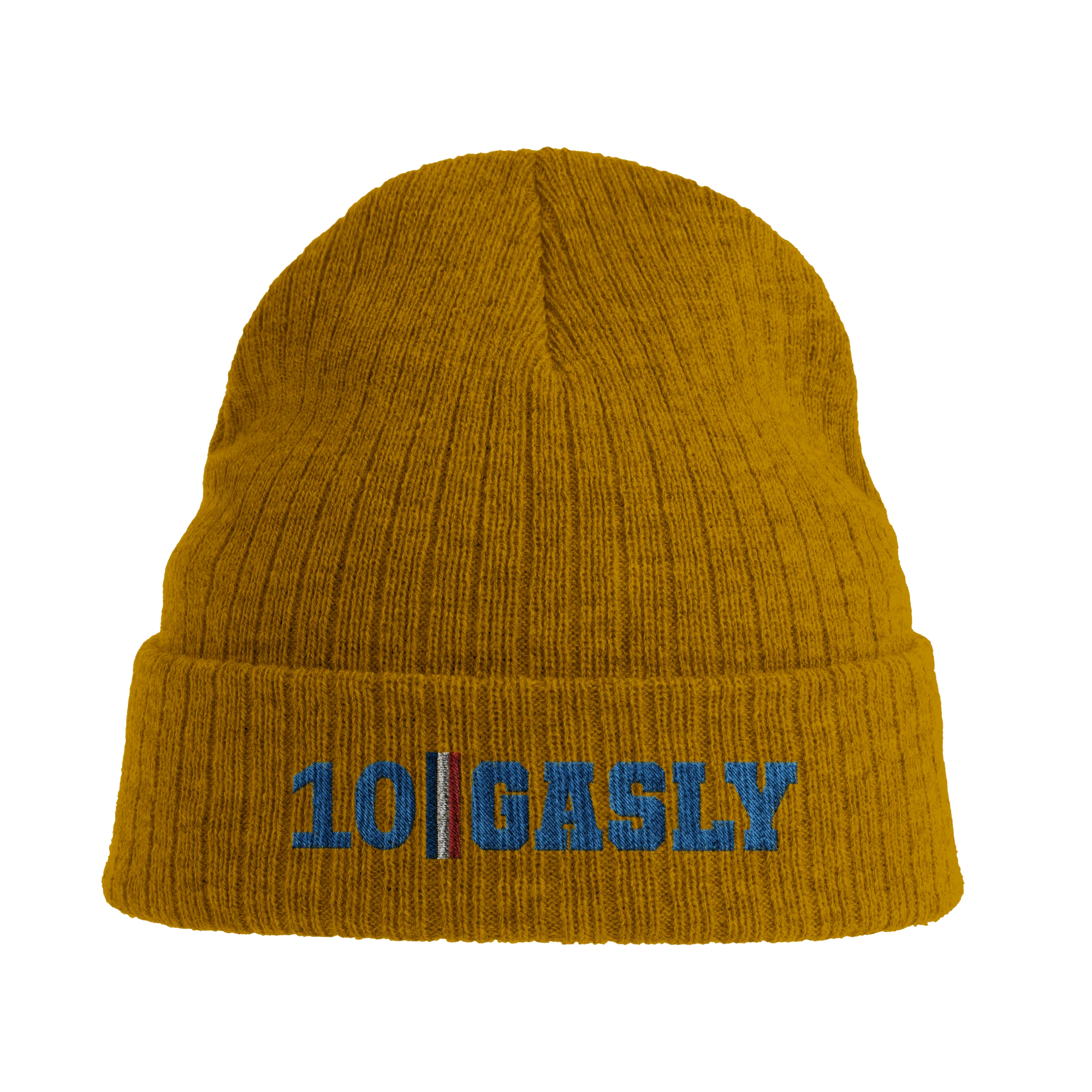 f111 merch mustard-yellow color beanie with gasly branding.