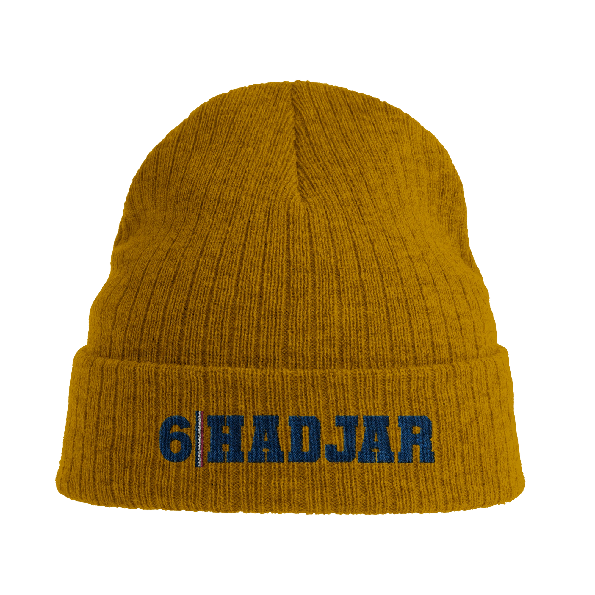 f111 merch mustard-yellow color beanie with hadjar branding.
