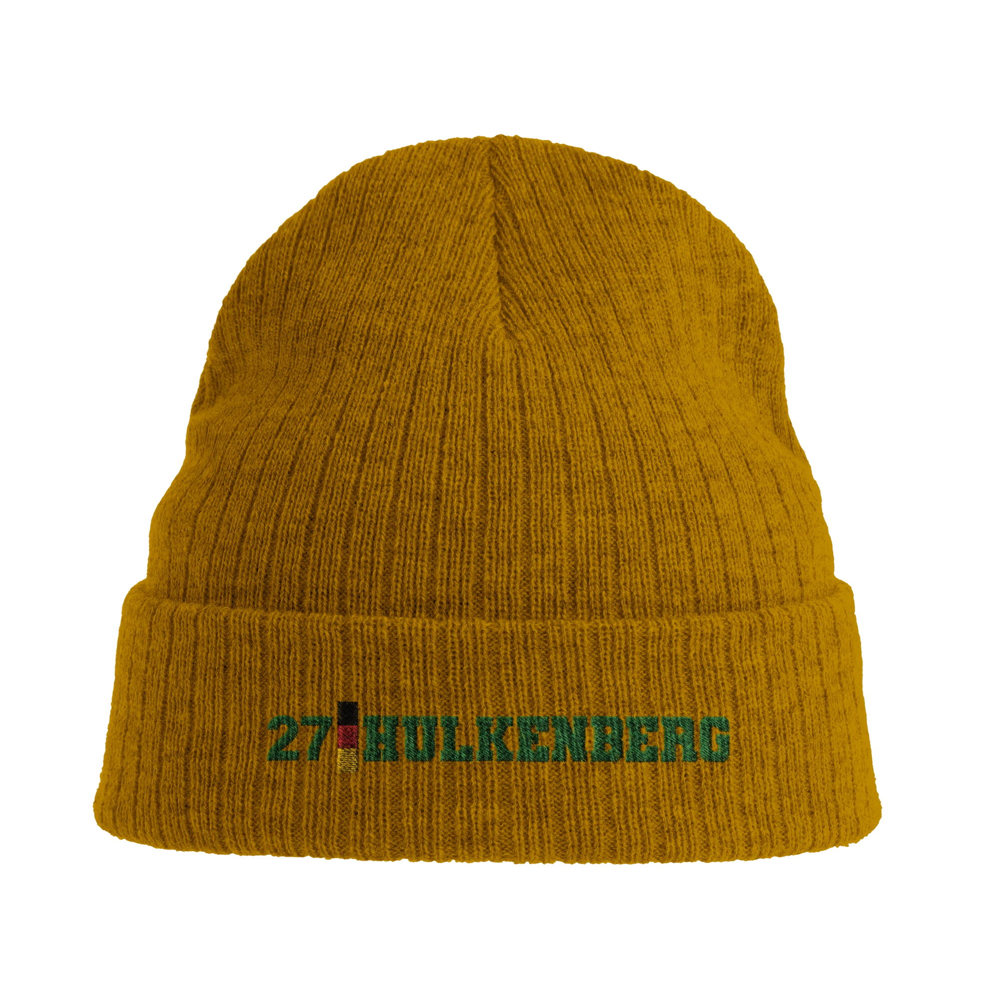 f111 merch mustard-yellow color beanie with hulkenberg branding.