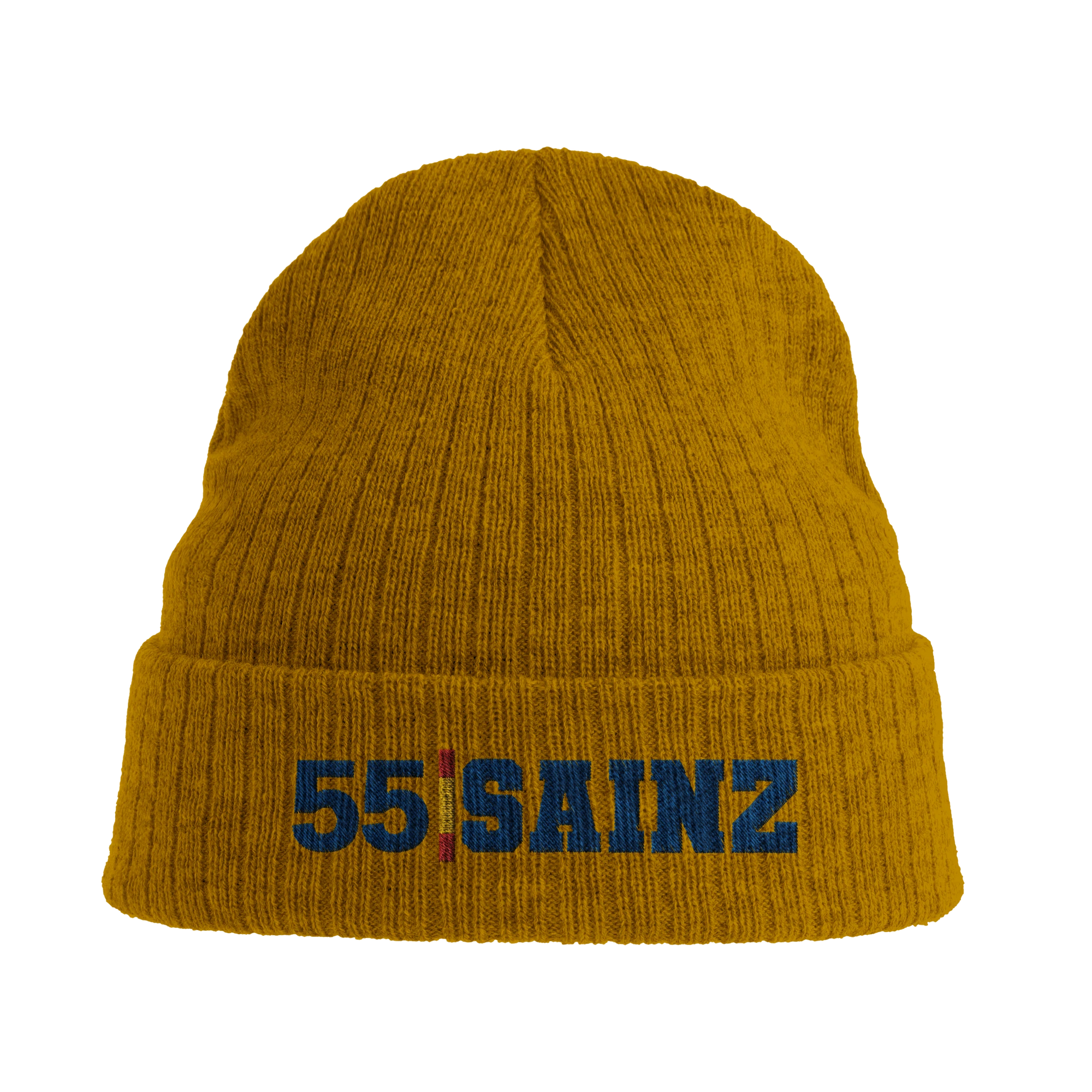 f111 merch mustard-yellow color beanie with sainz branding.
