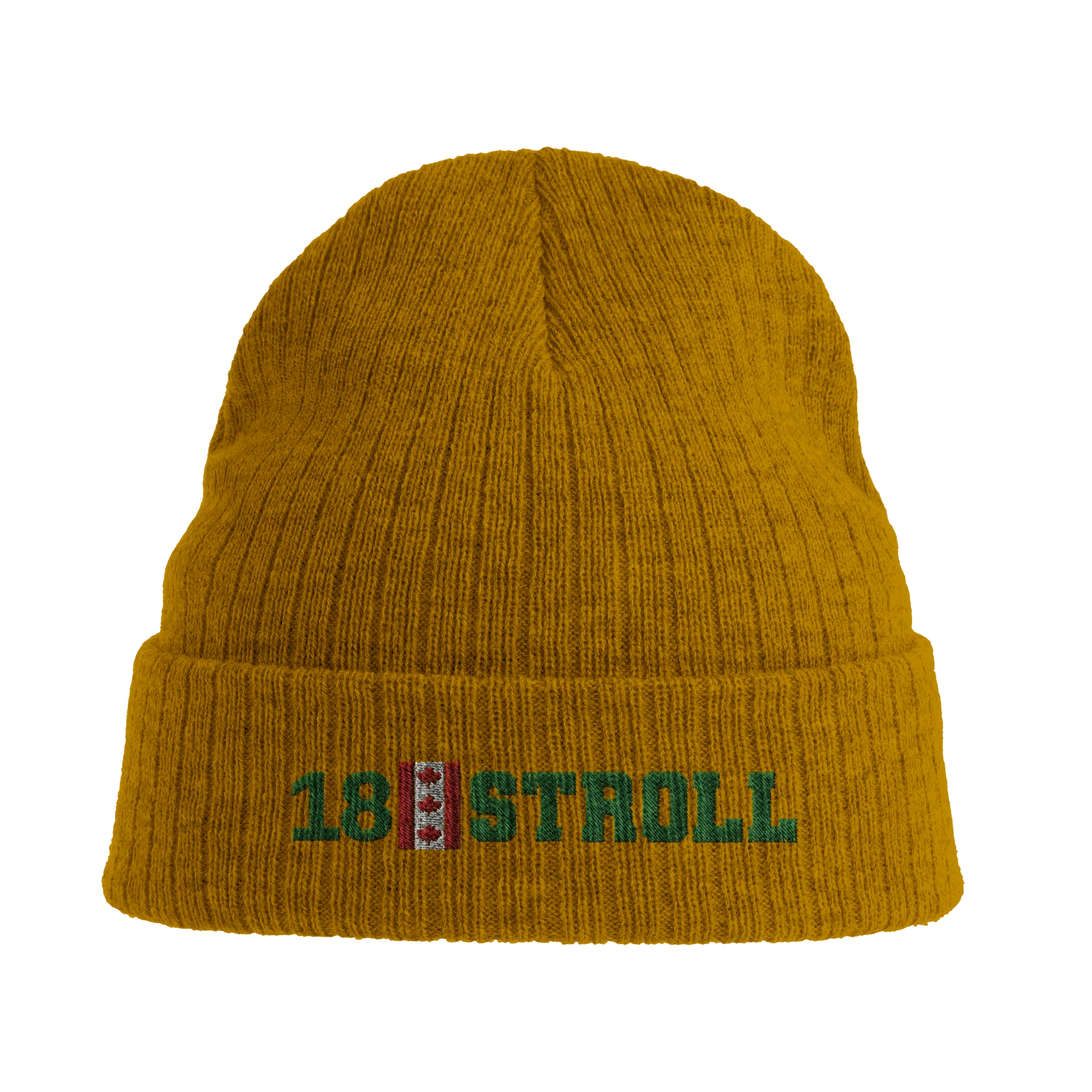 f111 merch mustard-yellow color beanie with stroll branding.