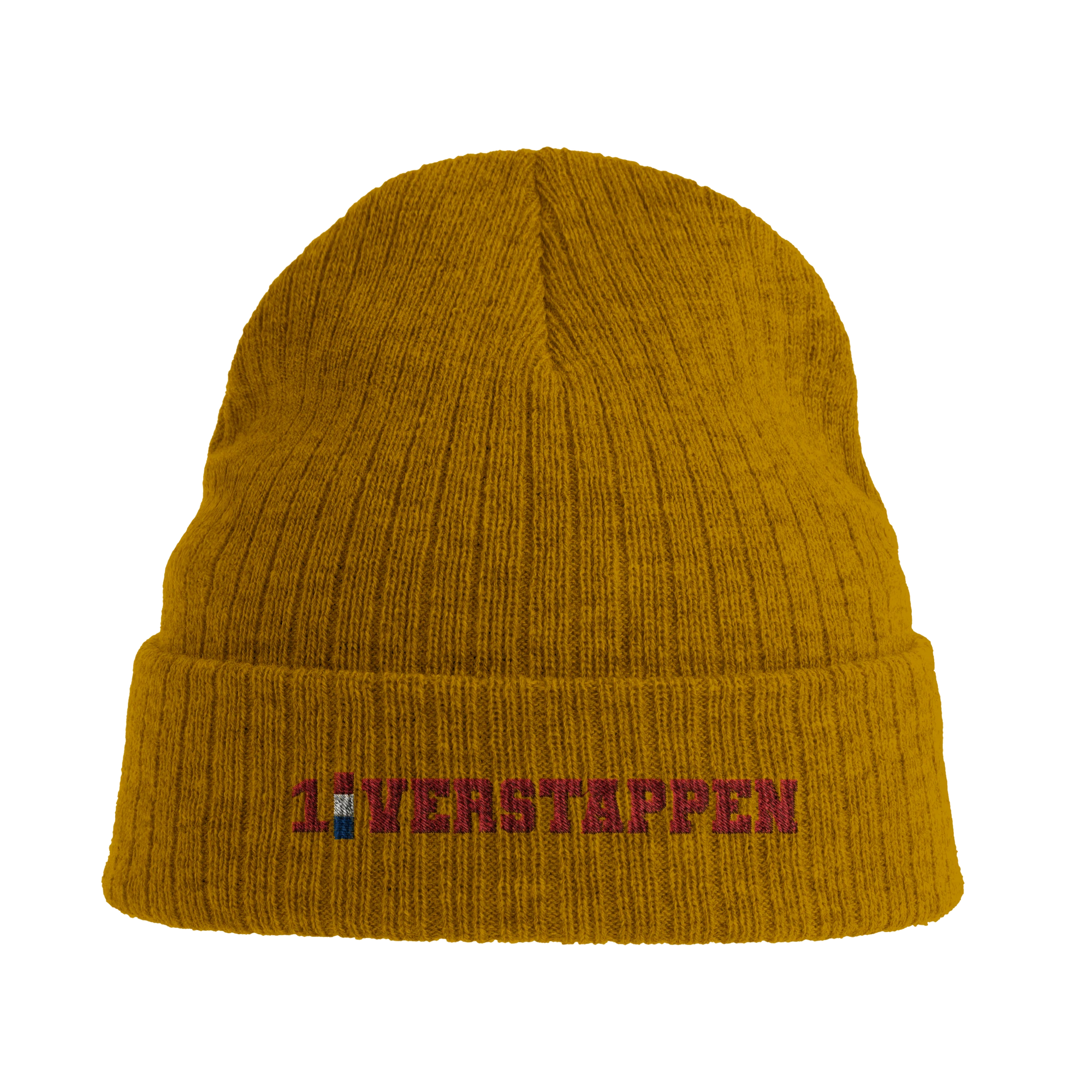 f111 merch mustard-yellow color beanie with verstappen branding.