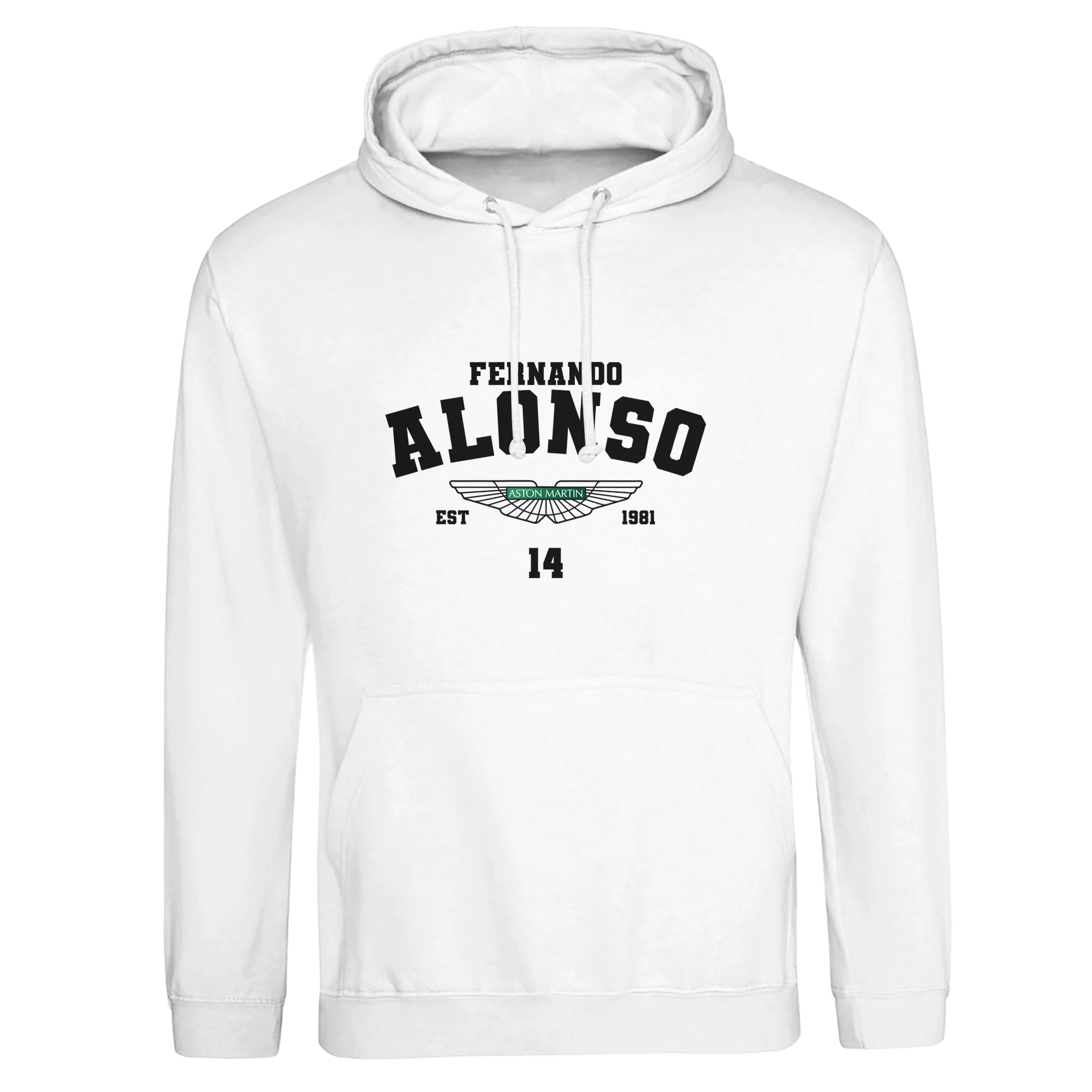 f111 merch arctic-white color hoodie with alonso branding.