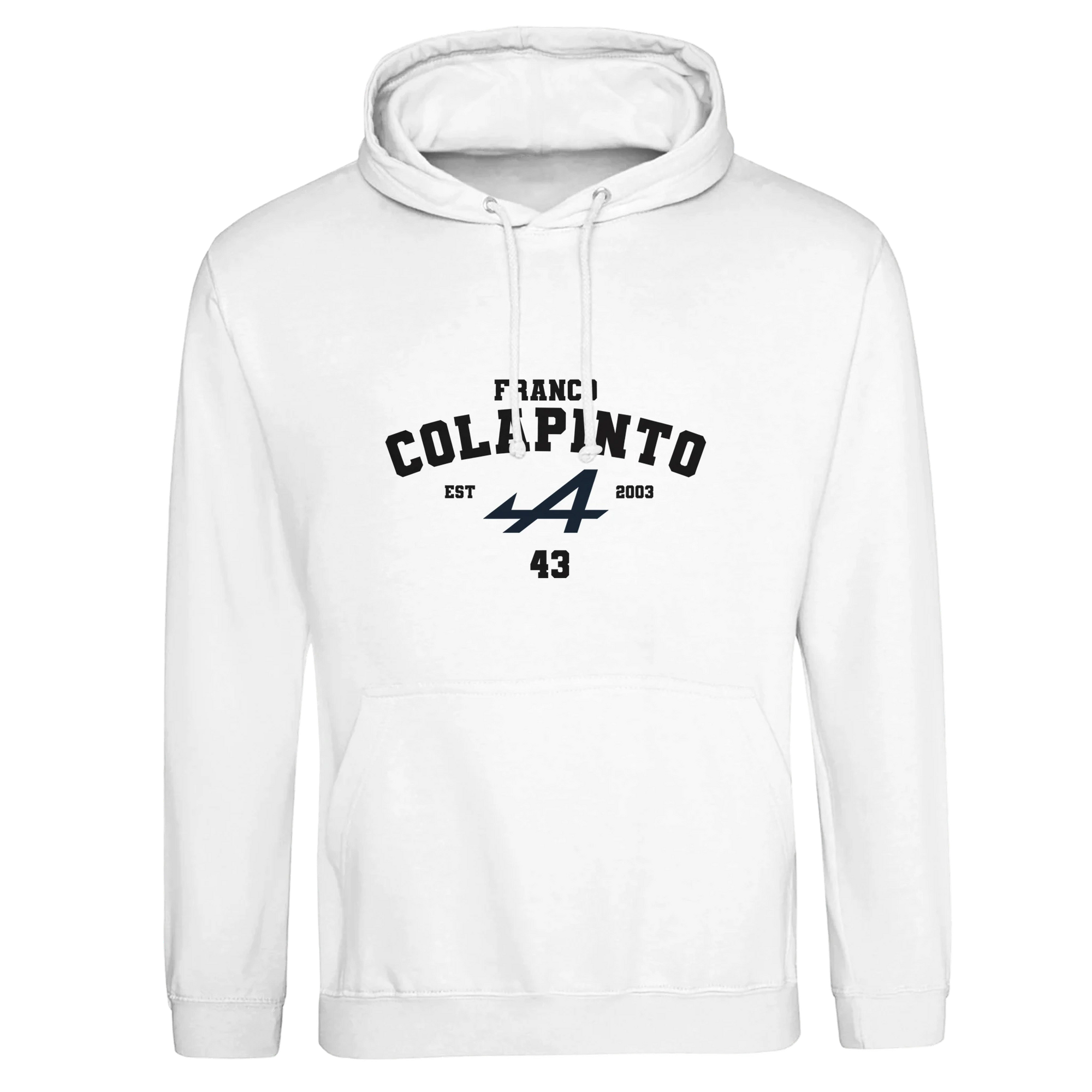 f111 merch arctic-white color hoodie with colapinto branding.