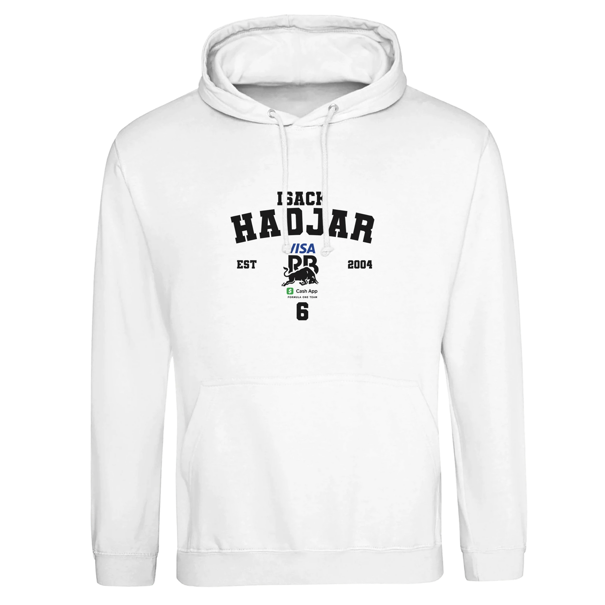 f111 merch arctic-white color hoodie with hadjar branding.