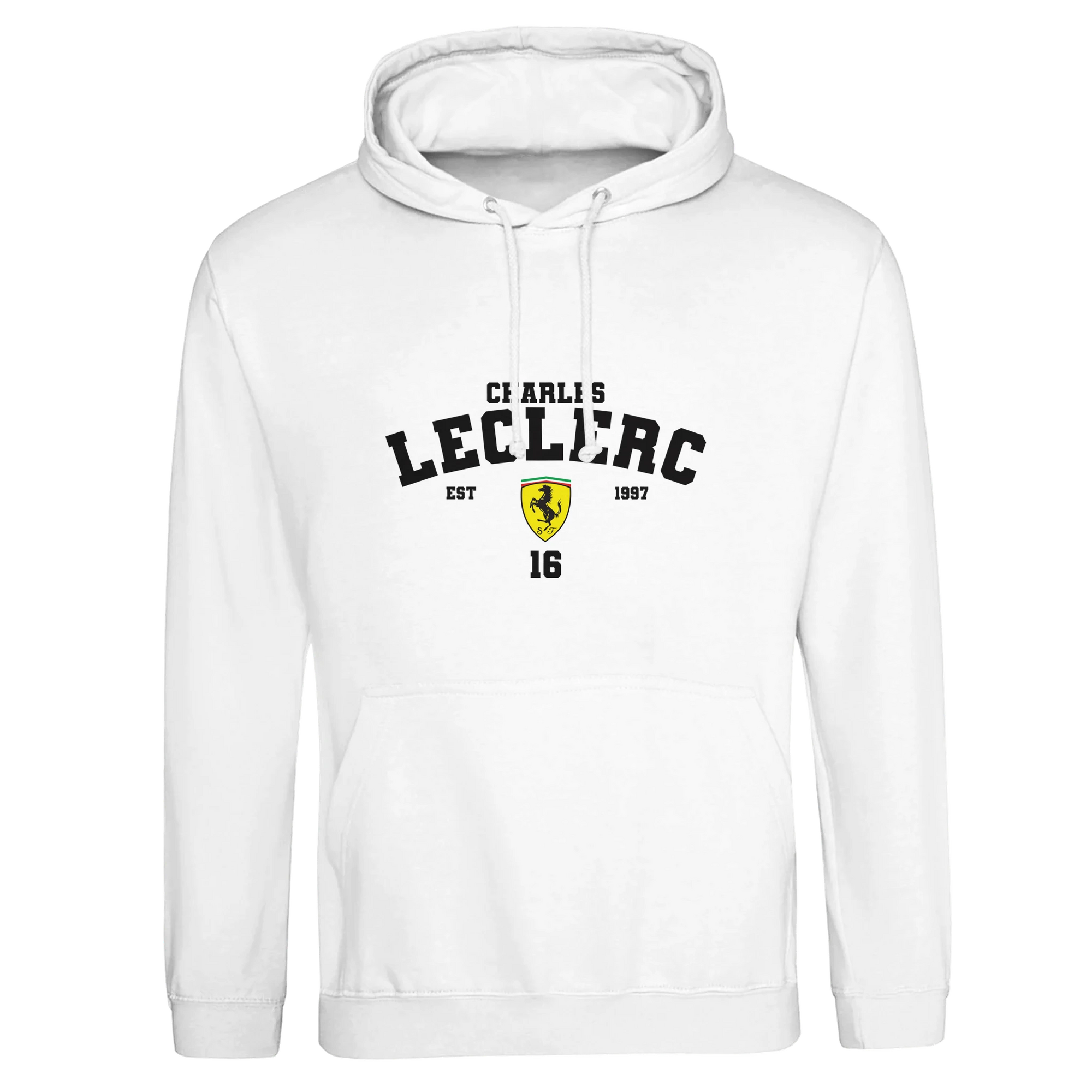 f111 merch arctic-white color hoodie with leclerc branding.