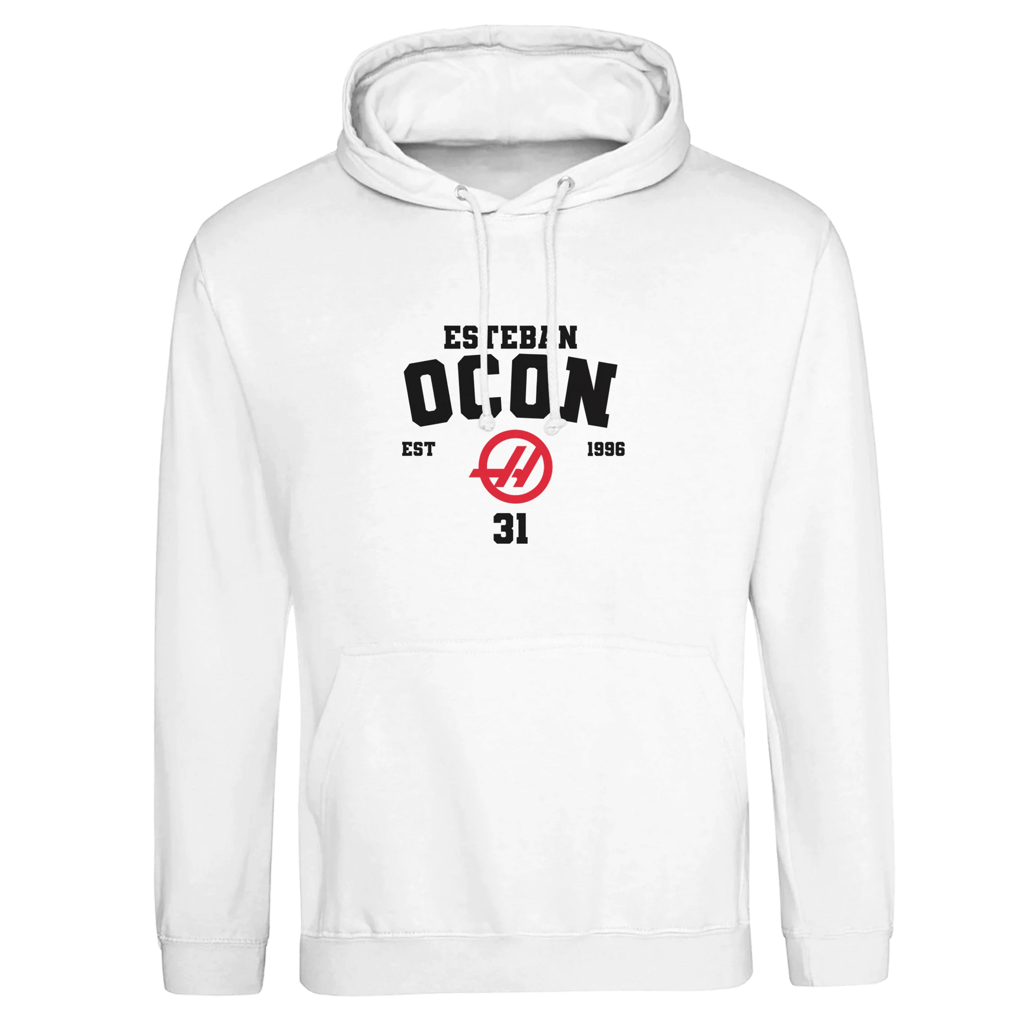 f111 merch arctic-white color hoodie with ocon branding.
