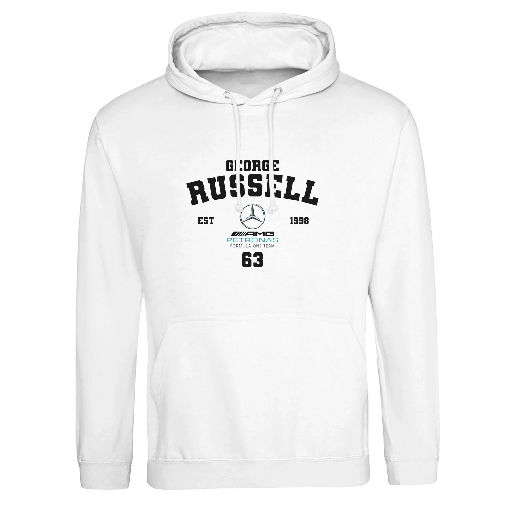f111 merch arctic-white color hoodie with russell branding.