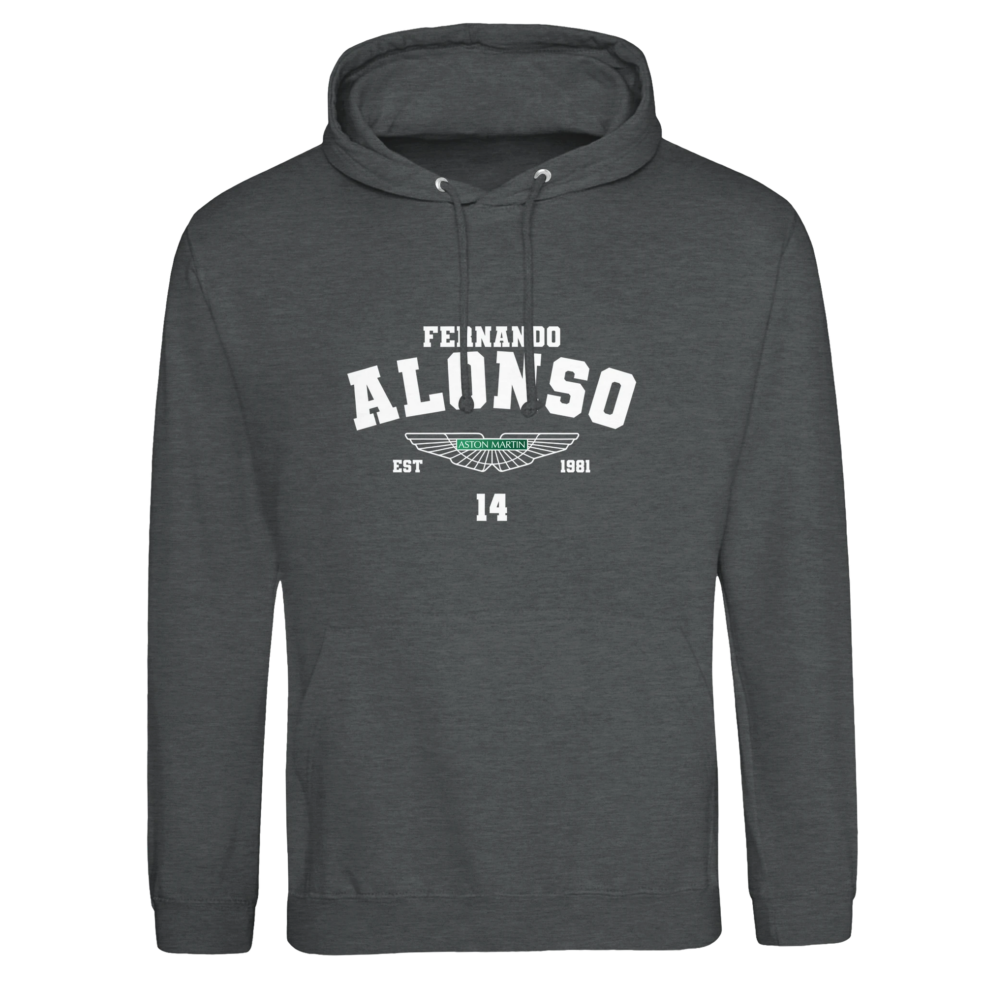 f111 merch charcoal color hoodie with alonso branding.