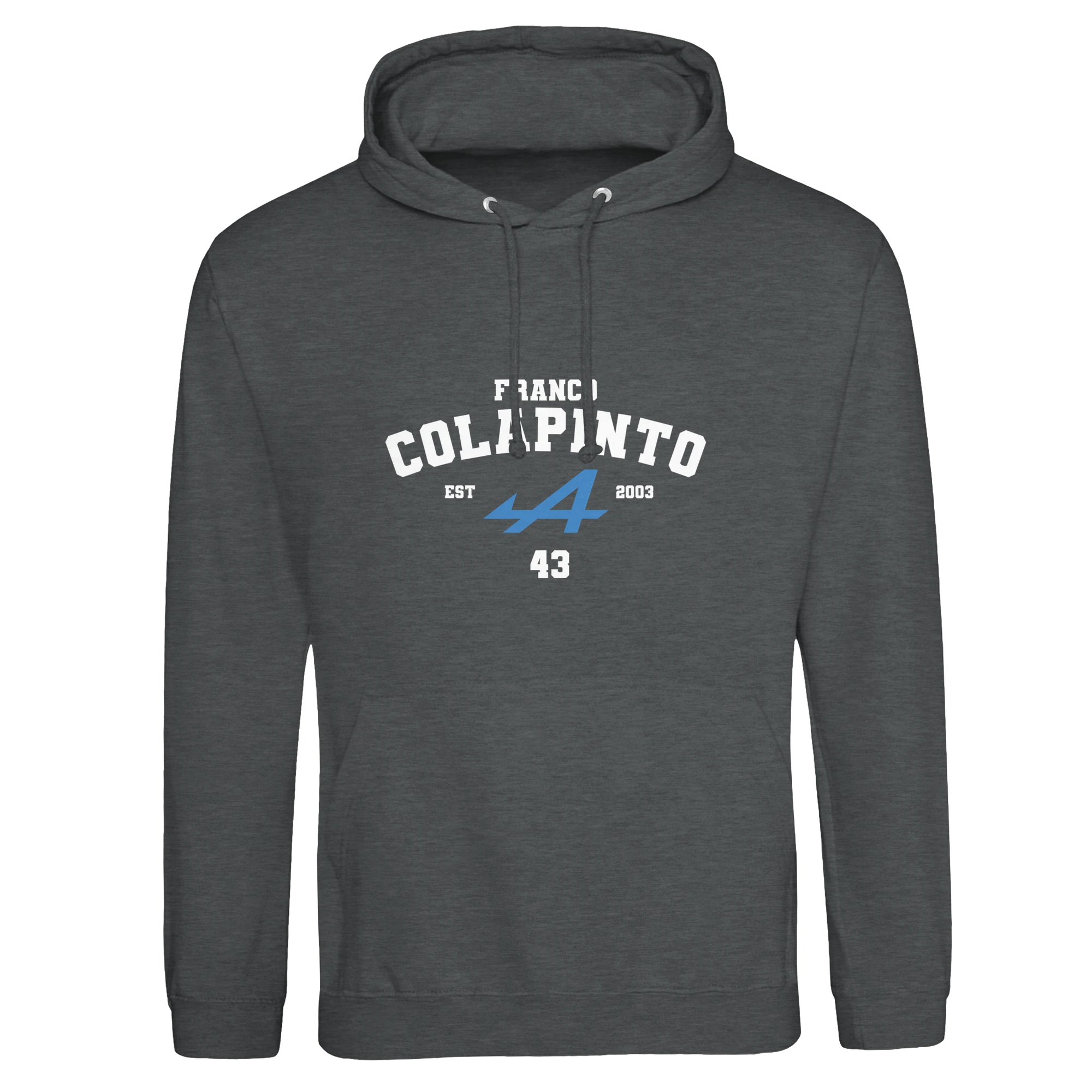 f111 merch charcoal color hoodie with colapinto branding.