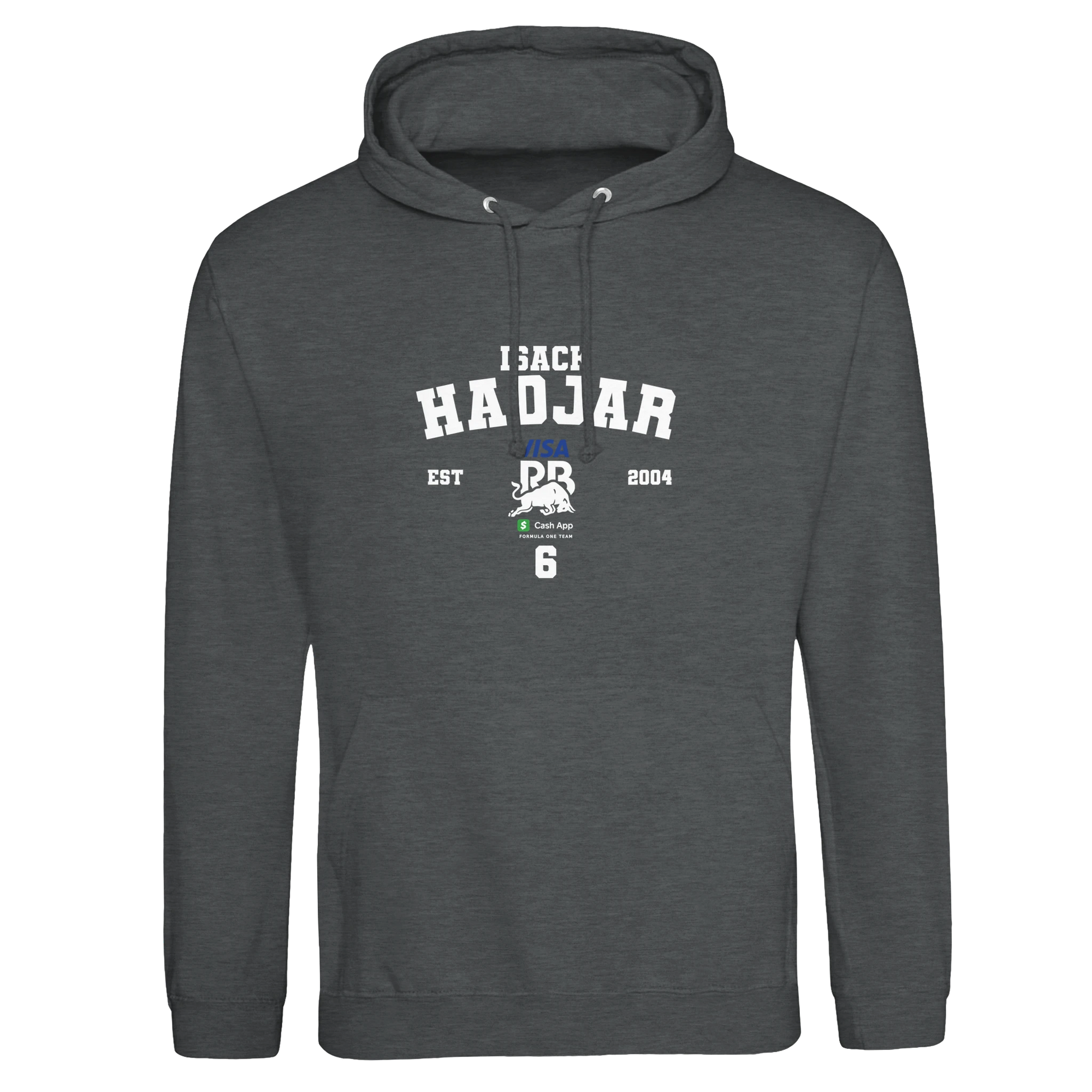 f111 merch charcoal color hoodie with hadjar branding.