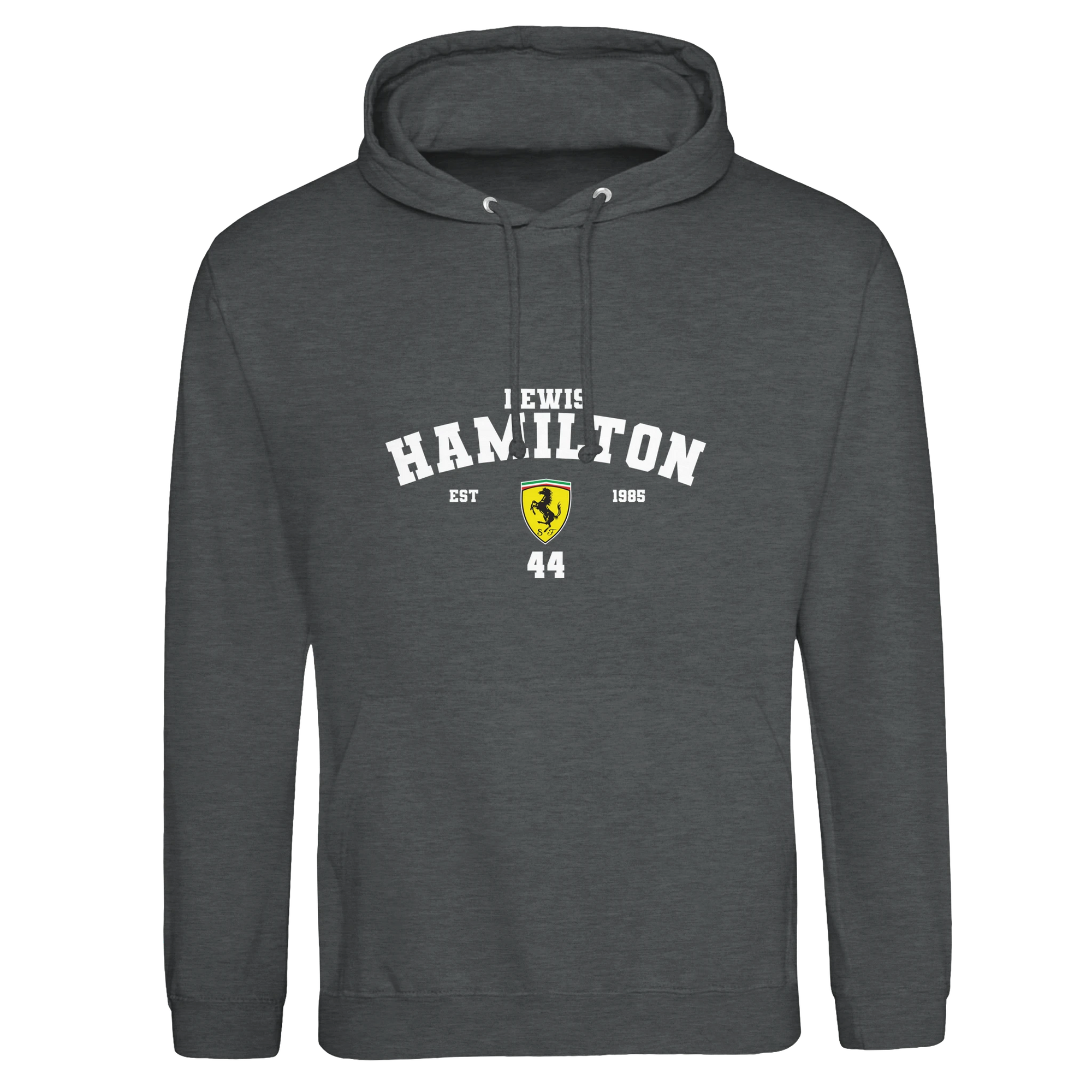 f111 merch charcoal color hoodie with hamilton branding.