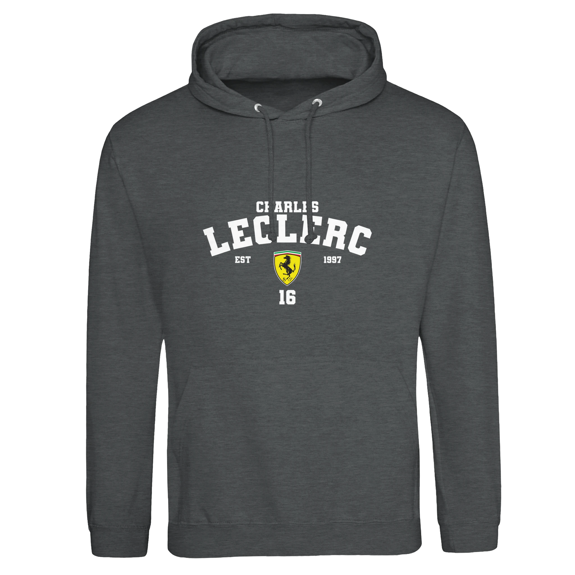 f111 merch charcoal color hoodie with leclerc branding.