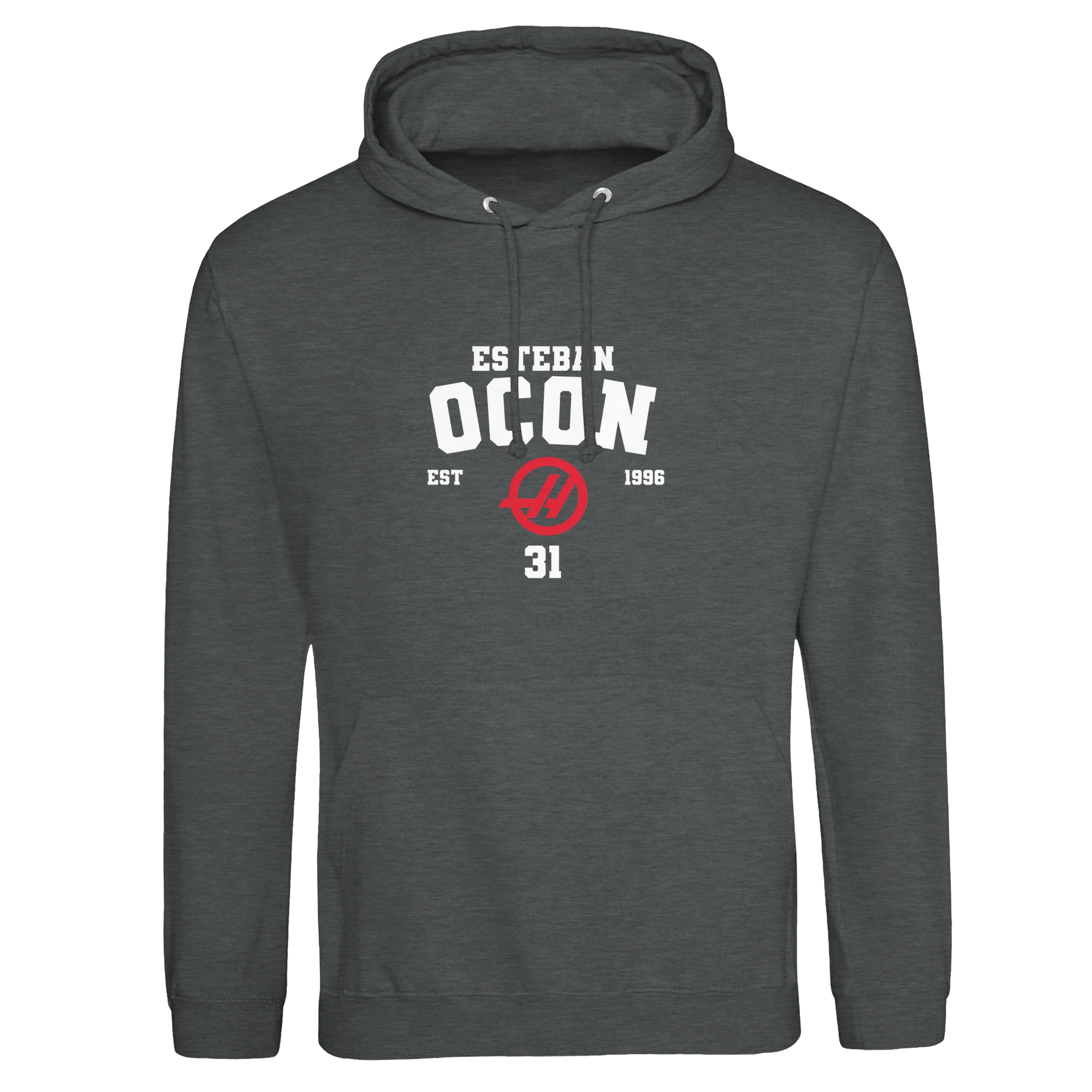 f111 merch charcoal color hoodie with ocon branding.