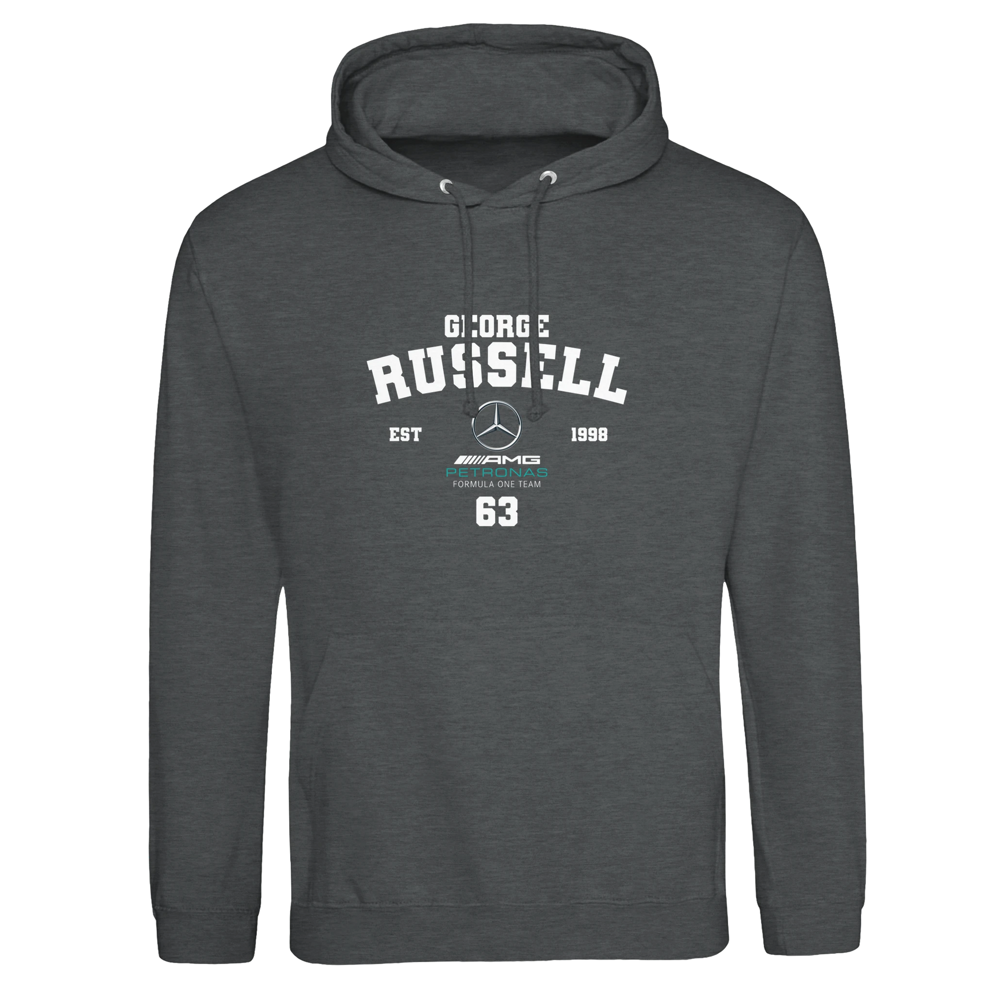 f111 merch charcoal color hoodie with russell branding.