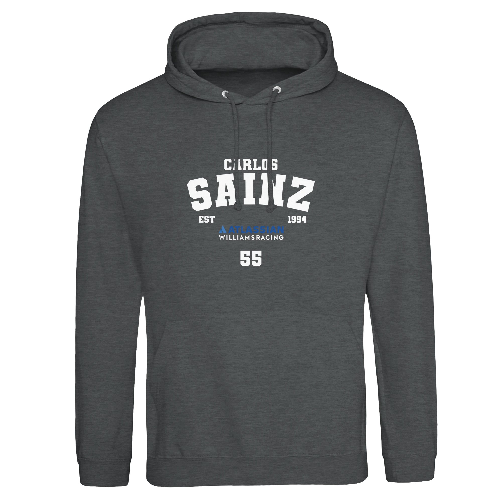 f111 merch charcoal color hoodie with sainz branding.