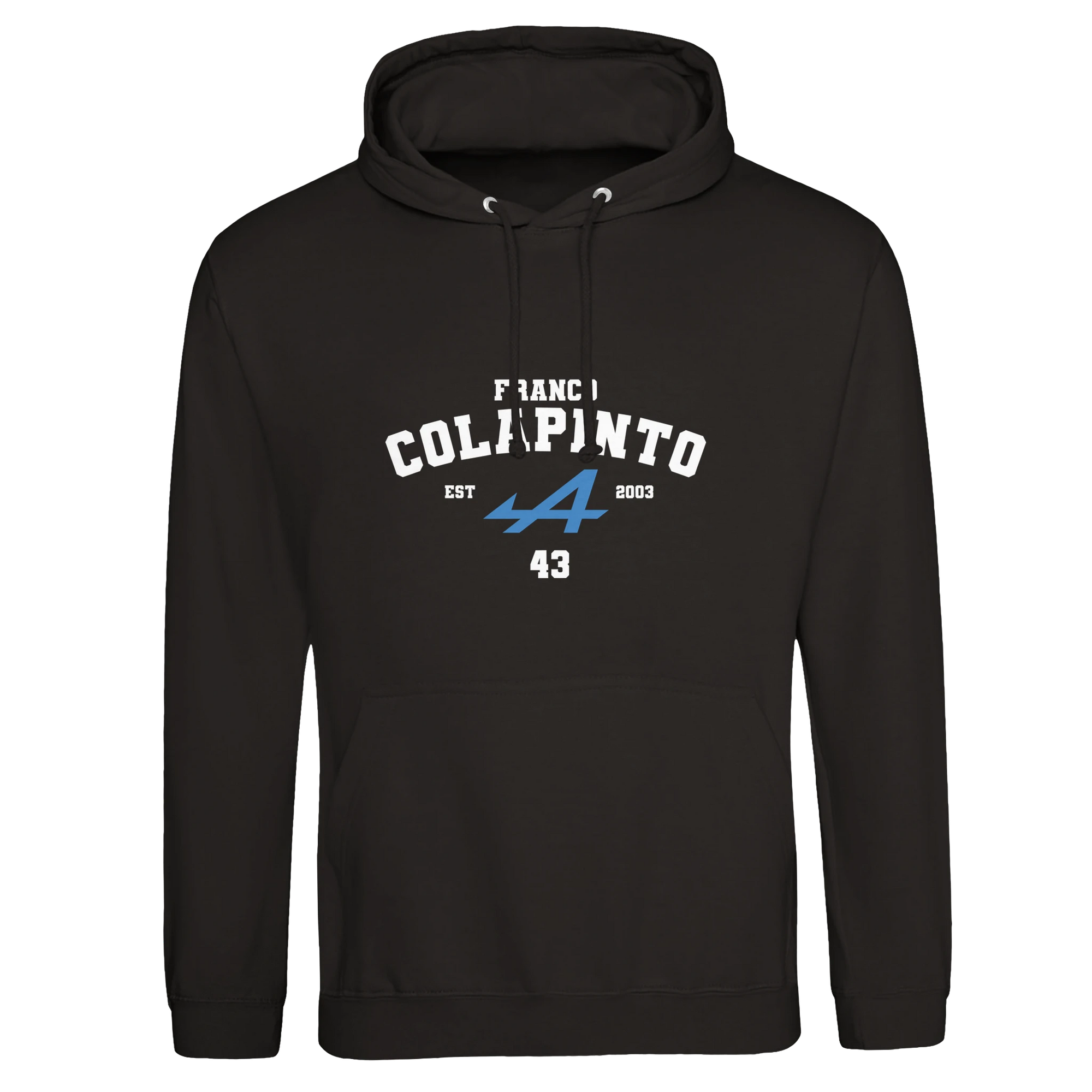 f111 merch deep-black color hoodie with colapinto branding.