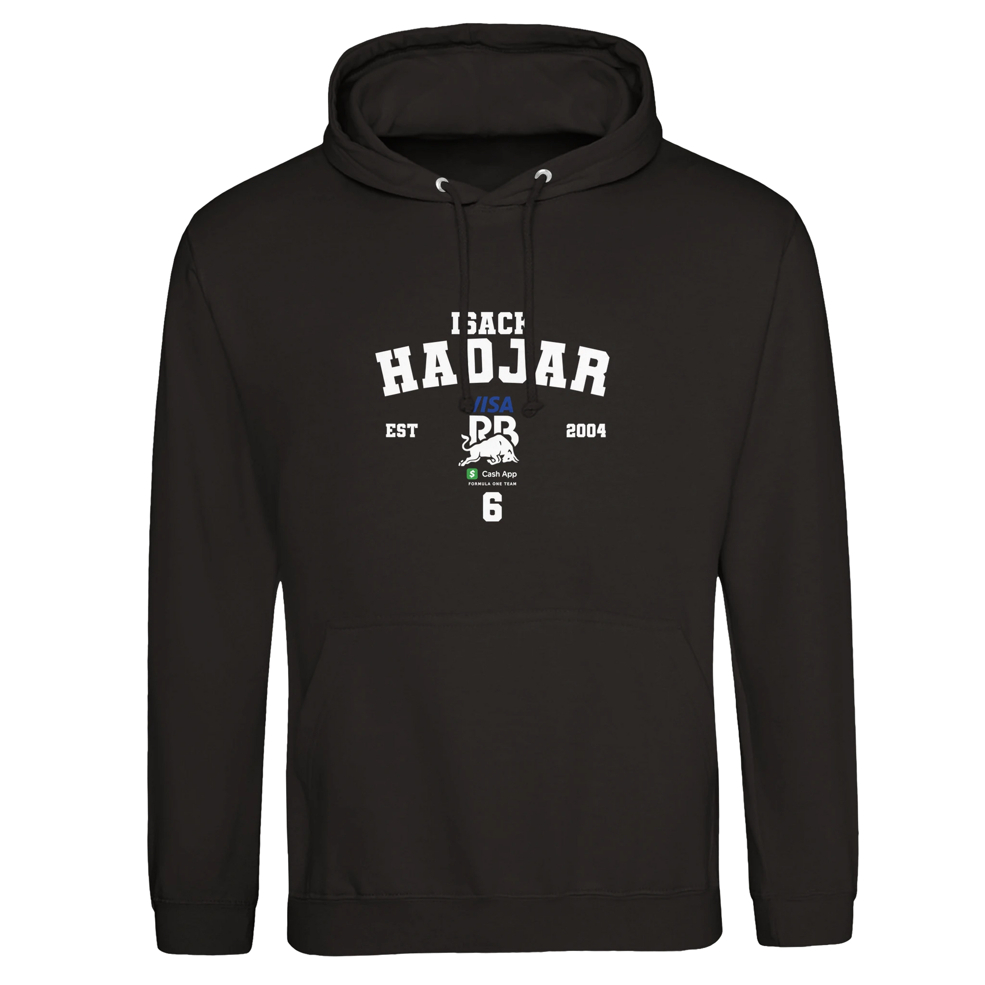 f111 merch deep-black color hoodie with hadjar branding.