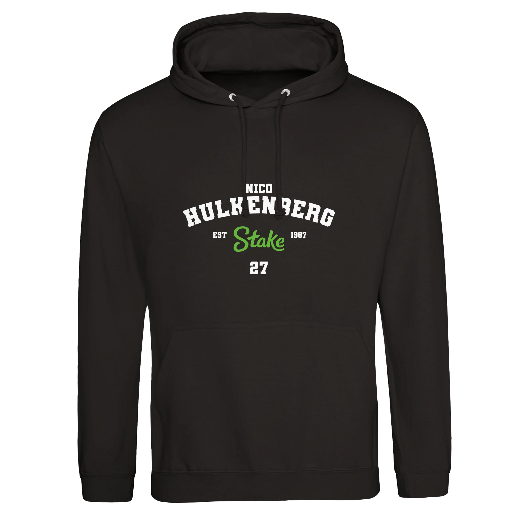 f111 merch deep-black color hoodie with hulkenberg branding.