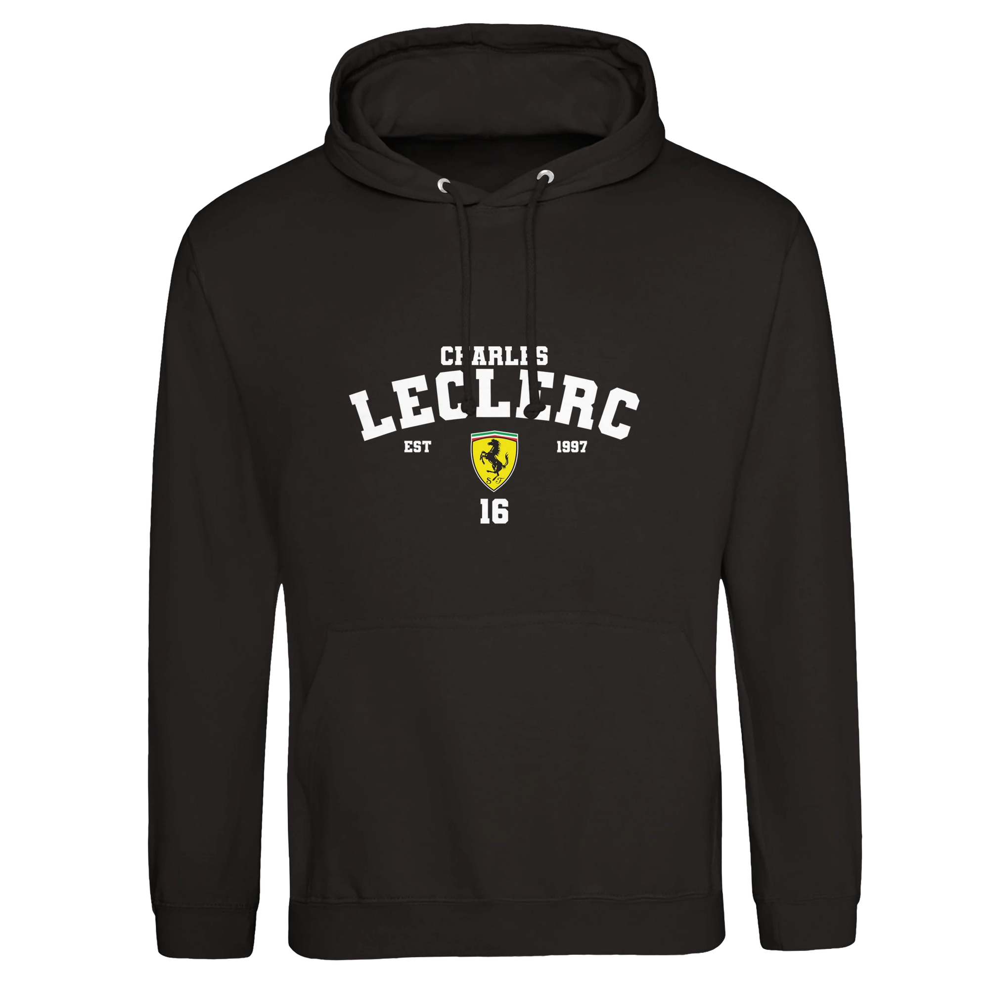 f111 merch deep-black color hoodie with leclerc branding.